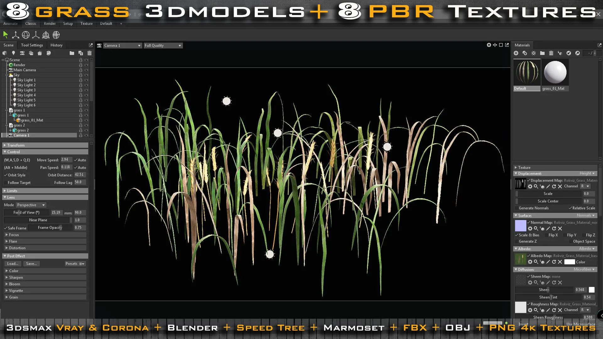 8 Grass 3d models + 8 Grass PBR Textures