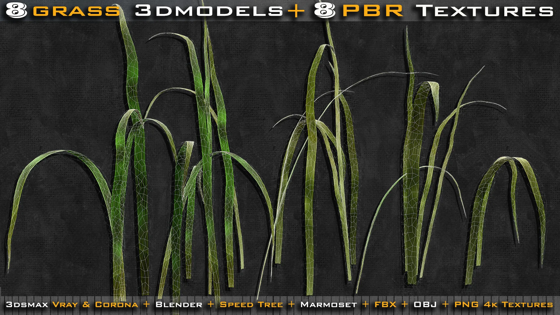 8 Grass 3d models + 8 Grass PBR Textures