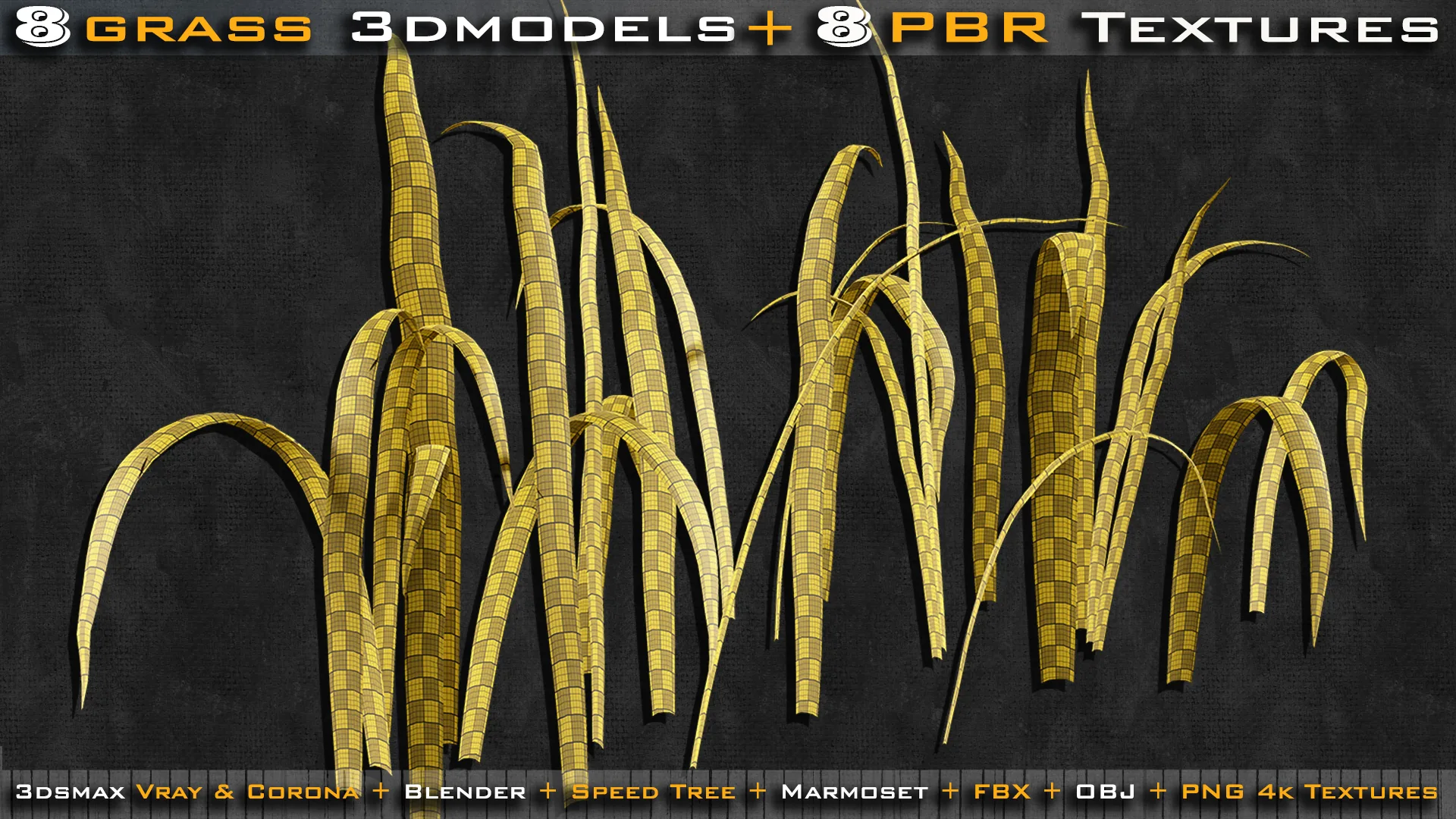 8 Grass 3d models + 8 Grass PBR Textures