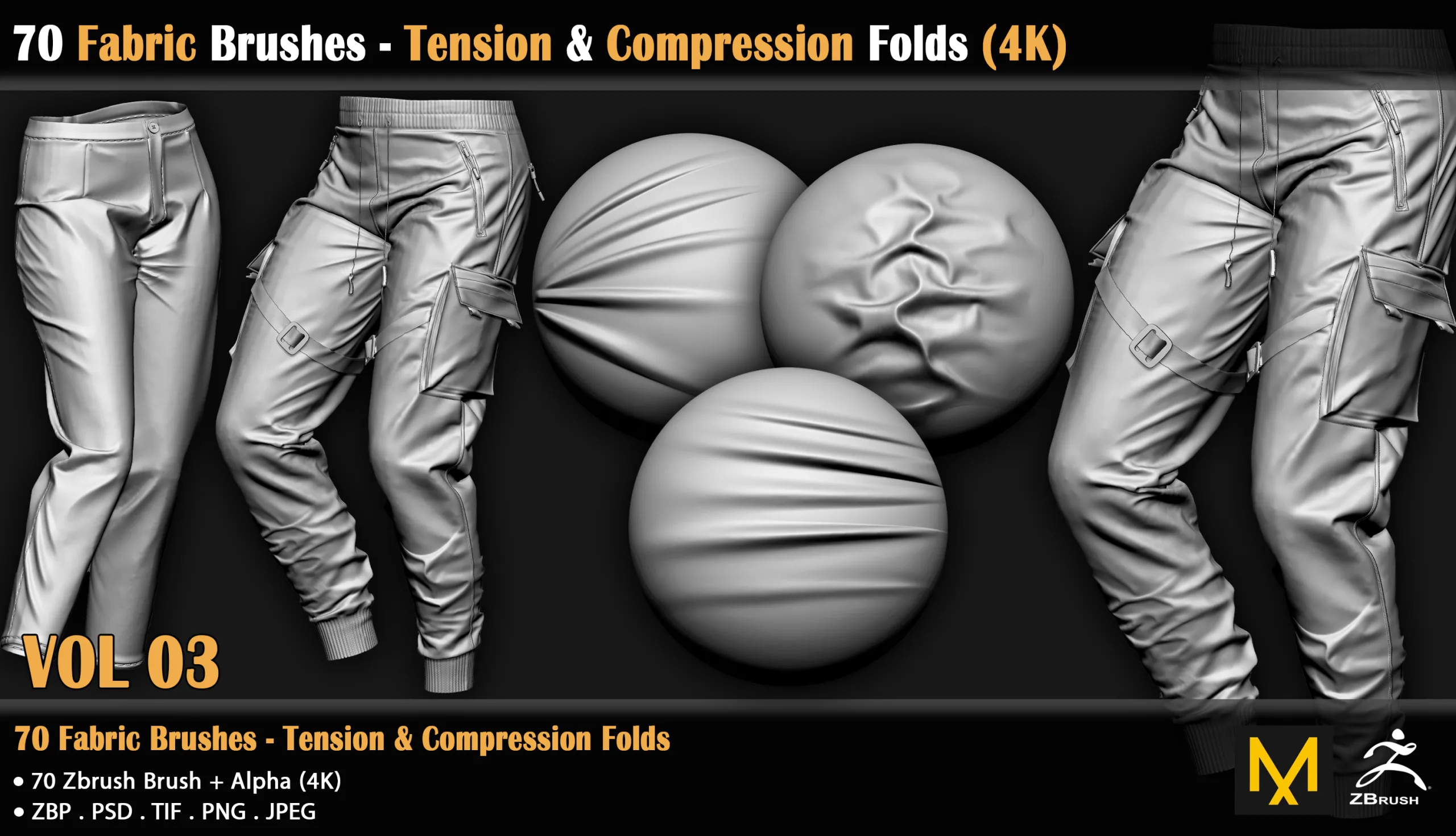 70 Fabric Brushes - Tension & Compression Folds - 4K (VOL 03)