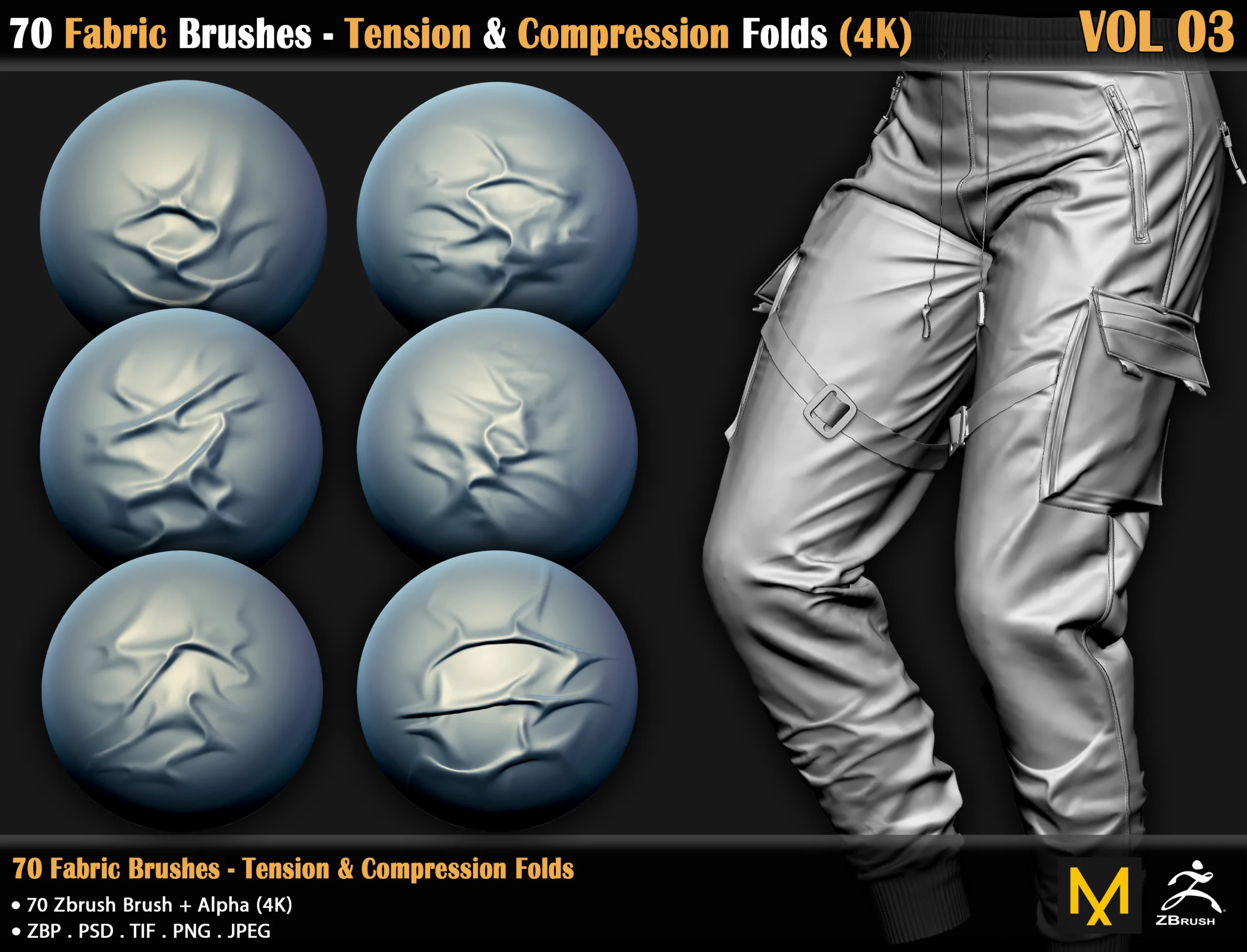 70 Fabric Brushes - Tension & Compression Folds - 4K (VOL 03)