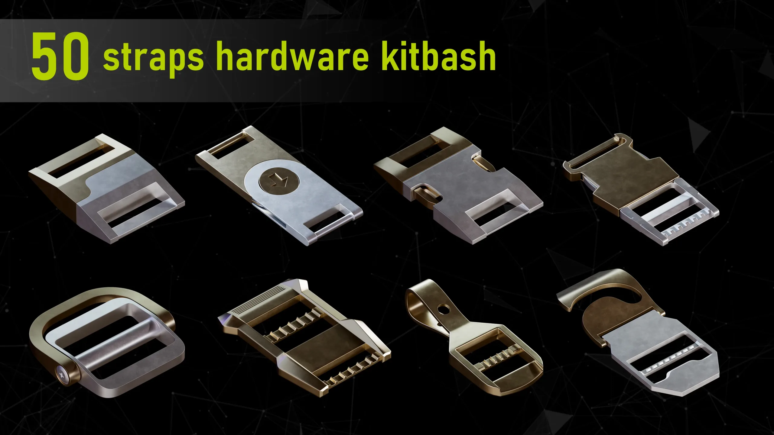 50 Straps Hardware Kitbash 3D Models (fully unwraped) + imm brushes + 8 hour modeling tutorial