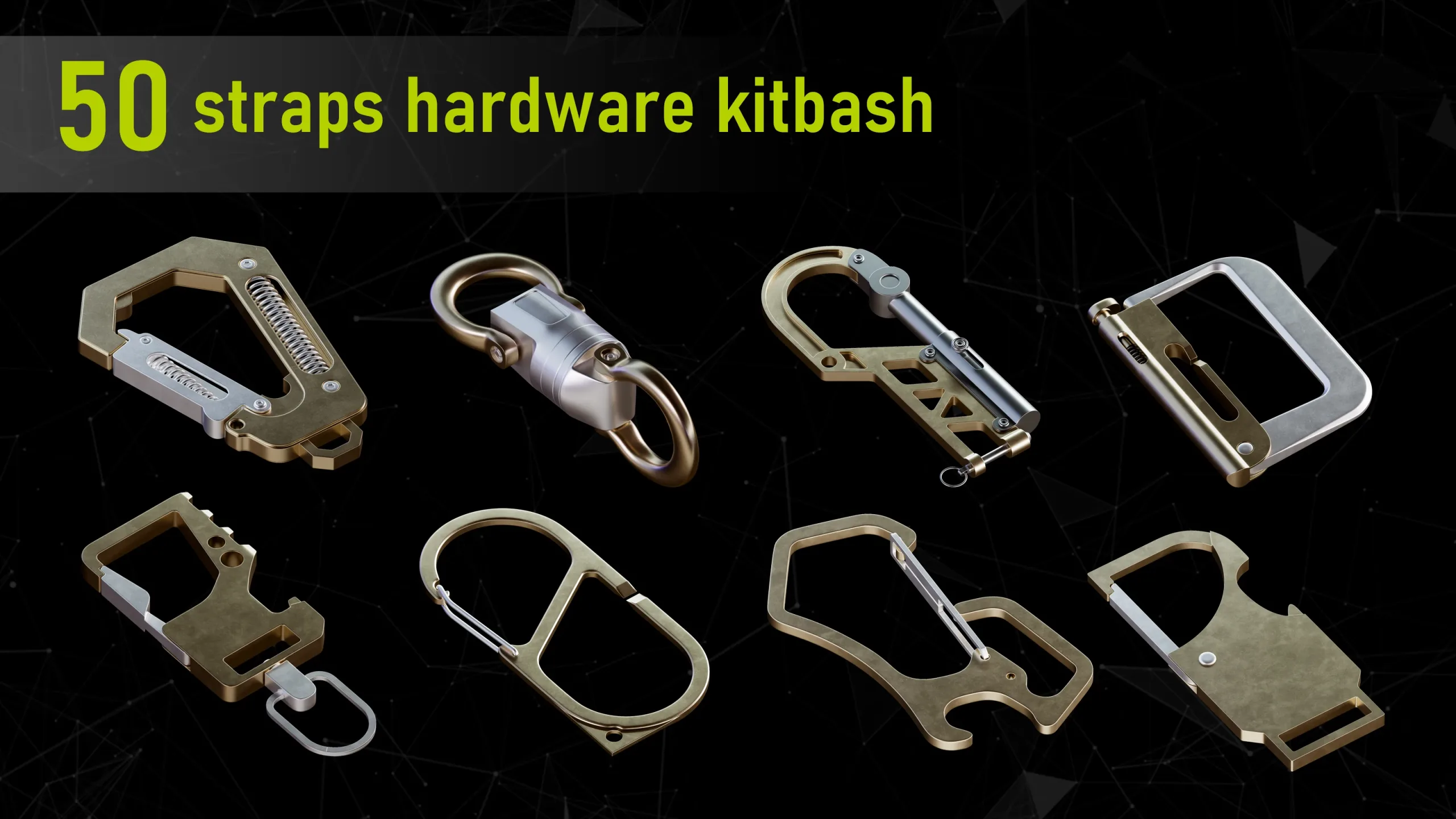 50 Straps Hardware Kitbash 3D Models (fully unwraped) + imm brushes + 8 hour modeling tutorial