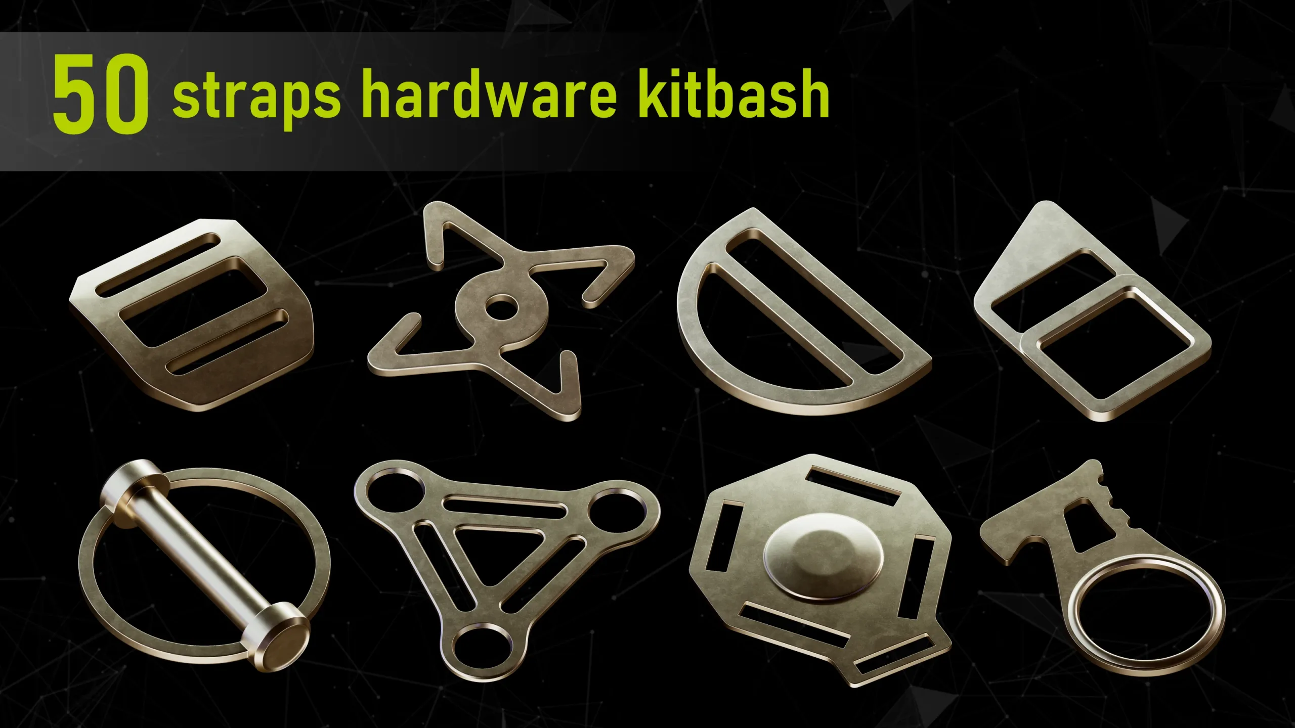 50 Straps Hardware Kitbash 3D Models (fully unwraped) + imm brushes + 8 hour modeling tutorial