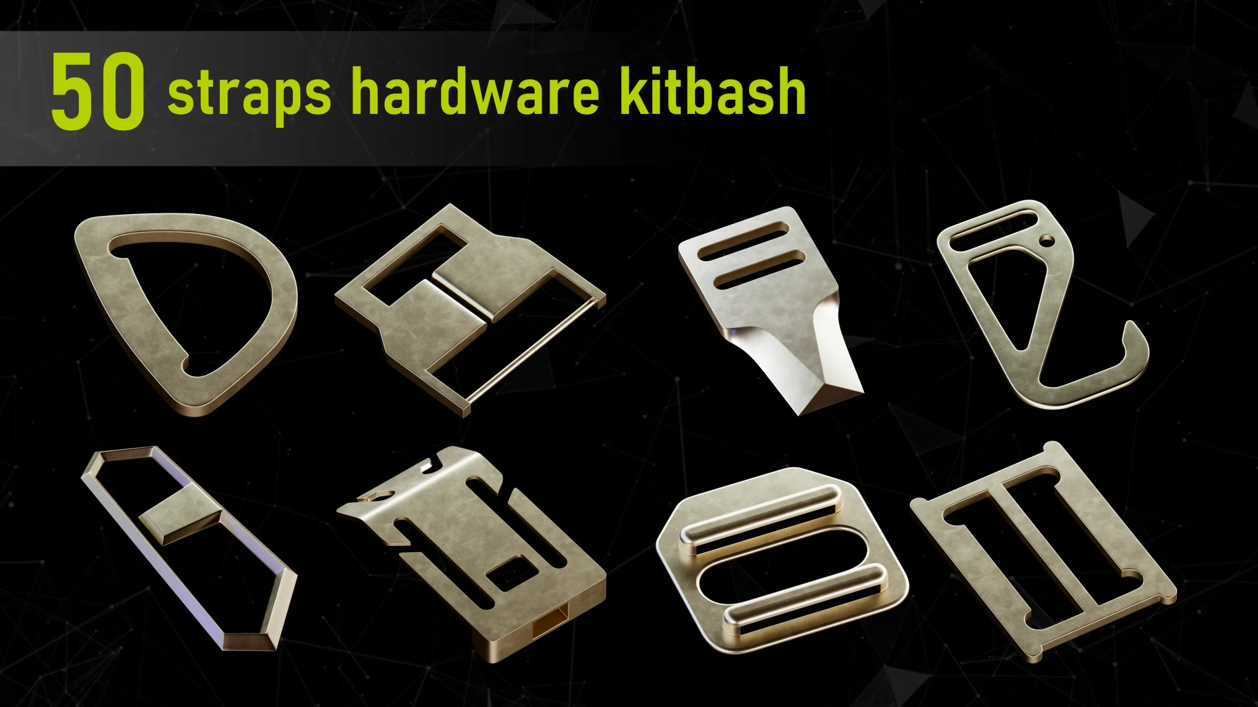 50 Straps Hardware Kitbash 3D Models (fully unwraped) + imm brushes + 8 hour modeling tutorial