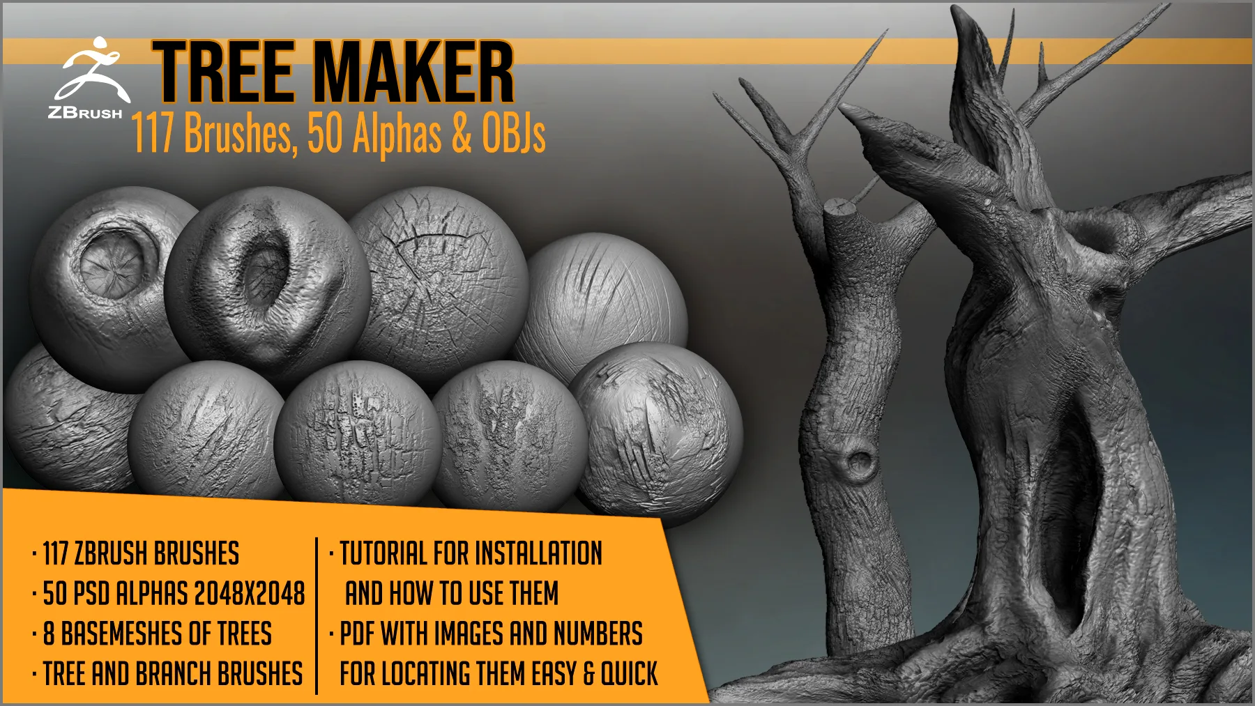 Tree Maker: 117 ZBrush Brushes, 50 Alphas & 8 Tree Basemeshes