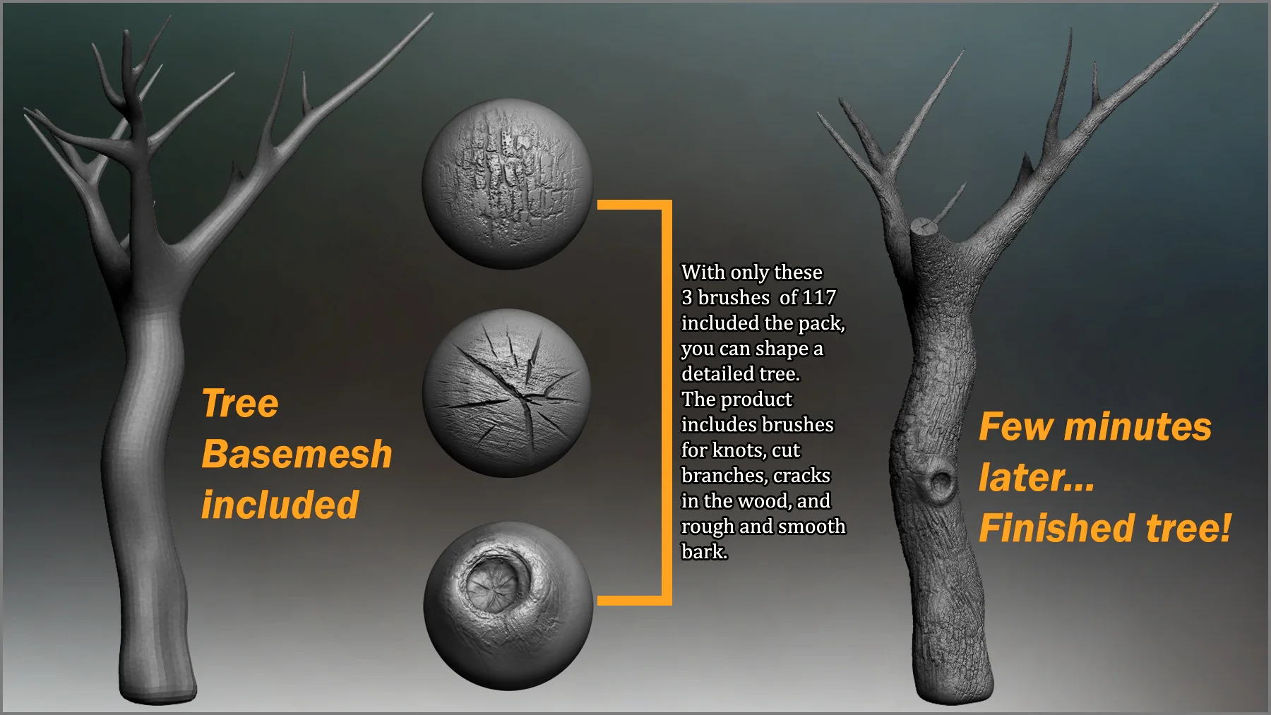 Tree Maker: 117 ZBrush Brushes, 50 Alphas & 8 Tree Basemeshes