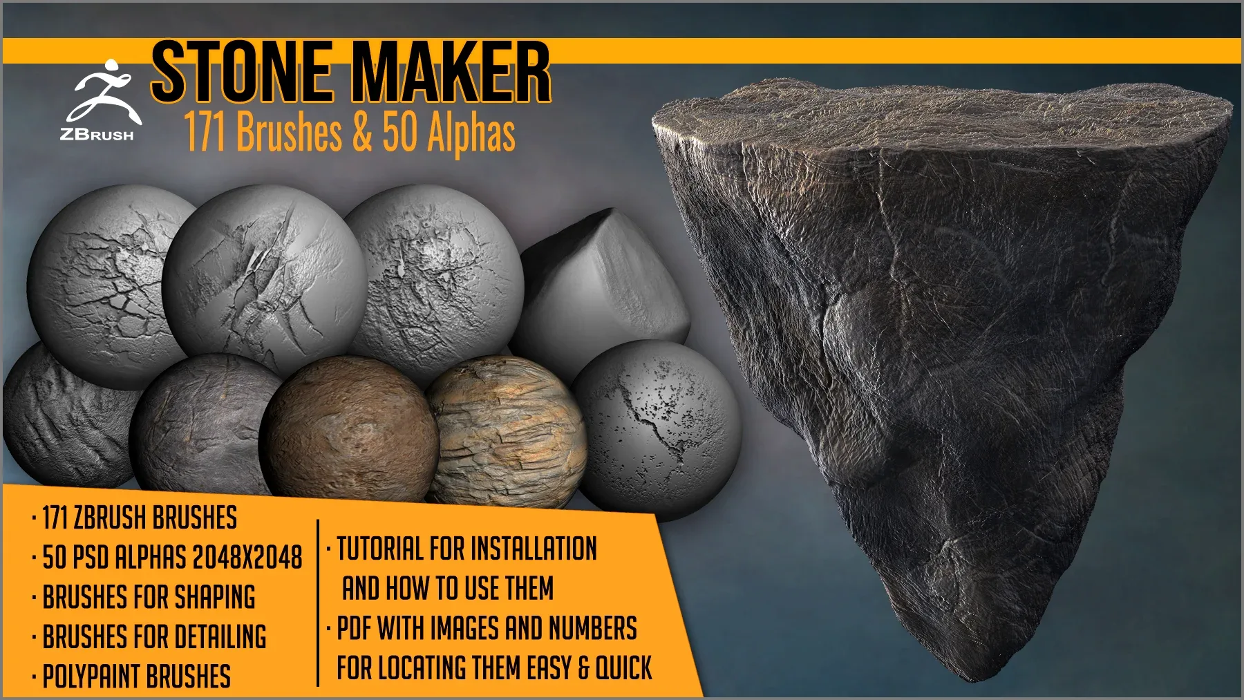 Stone Maker: 171 ZBrush Brushes And 50 Alphas