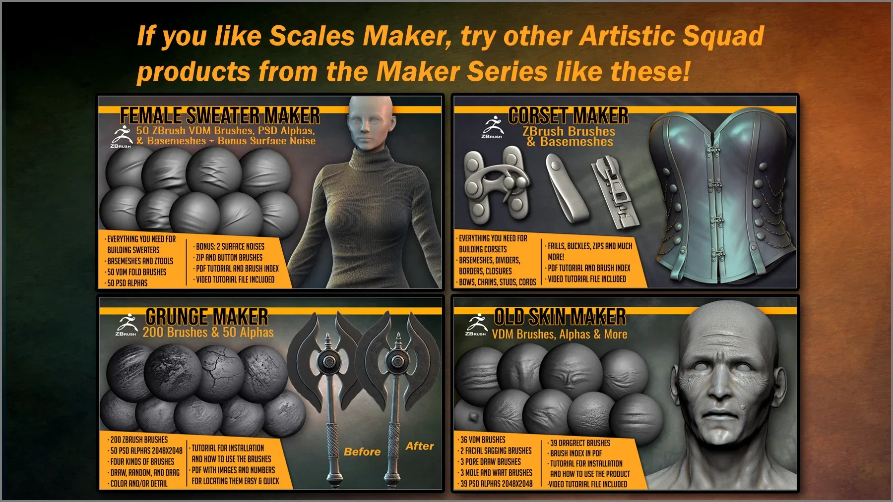 Scales Maker: 250 ZBrush Brushes, 50 Alphas, and 10 Surface Patterns