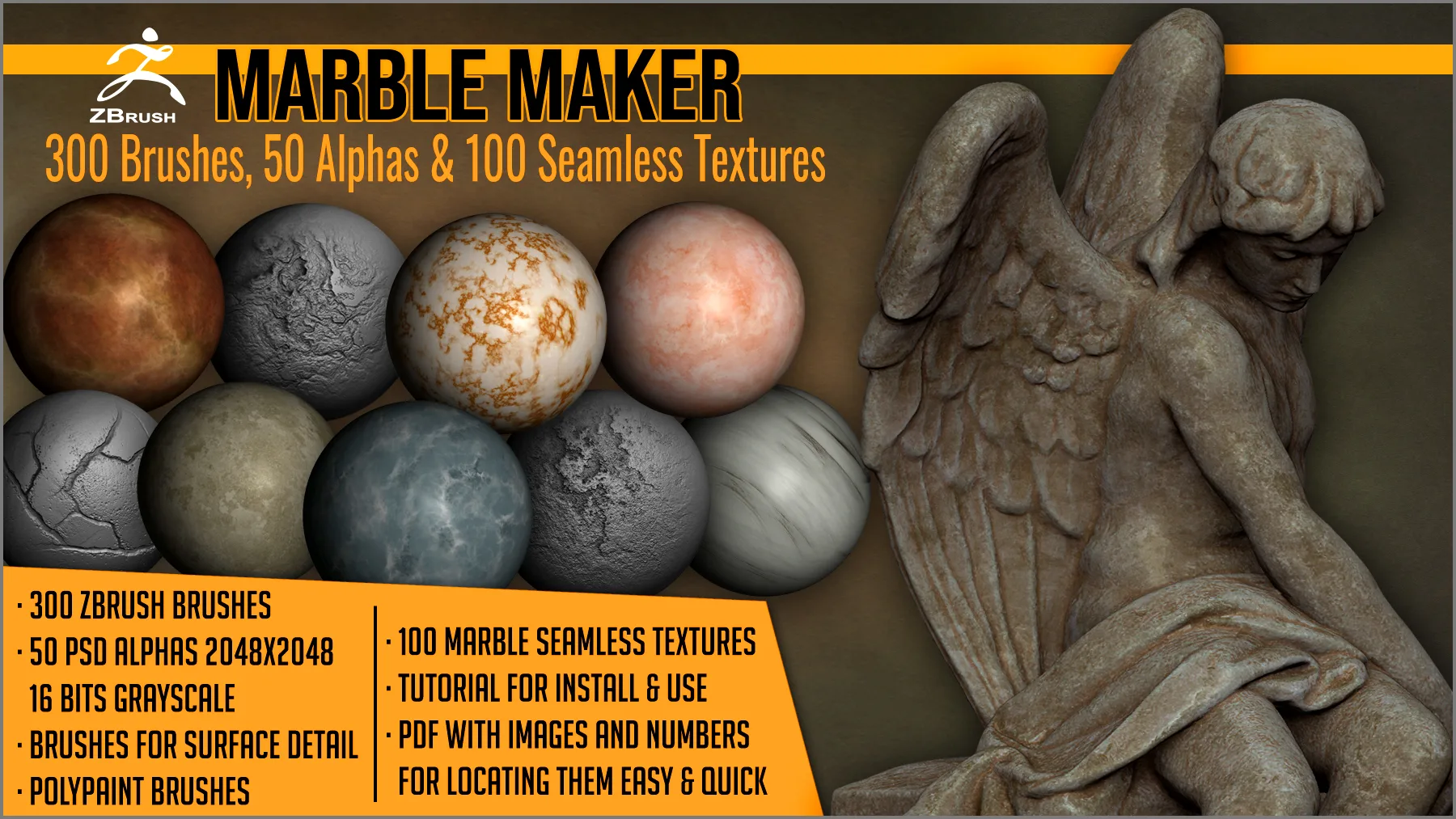 Marble Maker: 300 ZBrush Brushes, 50 Alphas, and 100 Seamless Textures