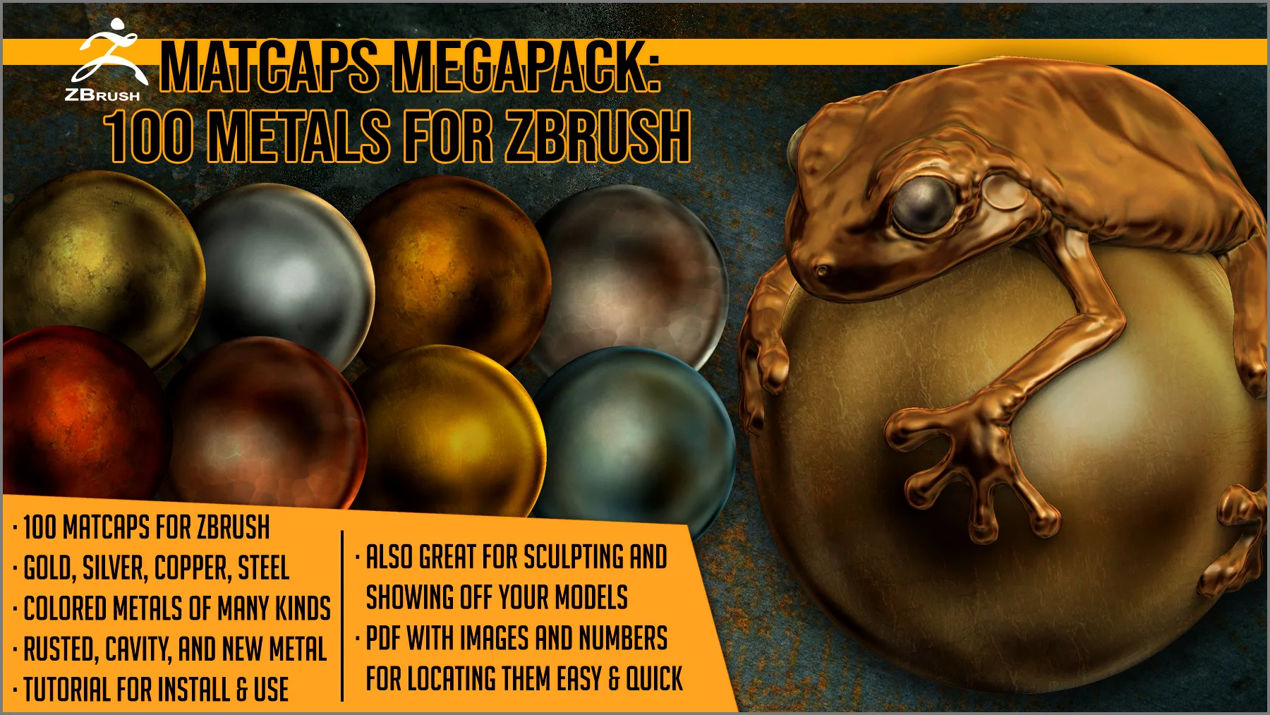 Matcaps Megapack: 100 Metals For ZBrush