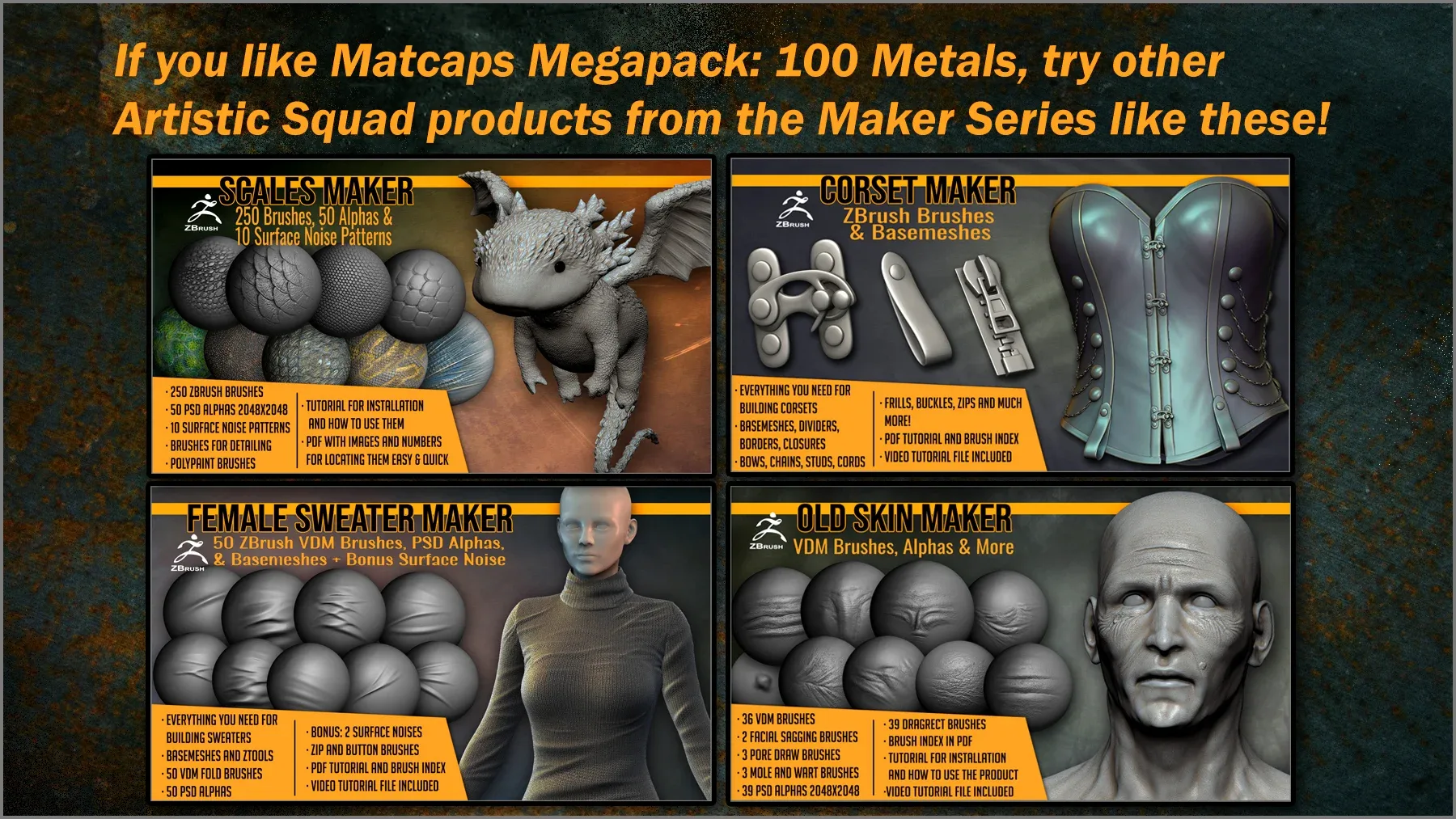 Matcaps Megapack: 100 Metals For ZBrush