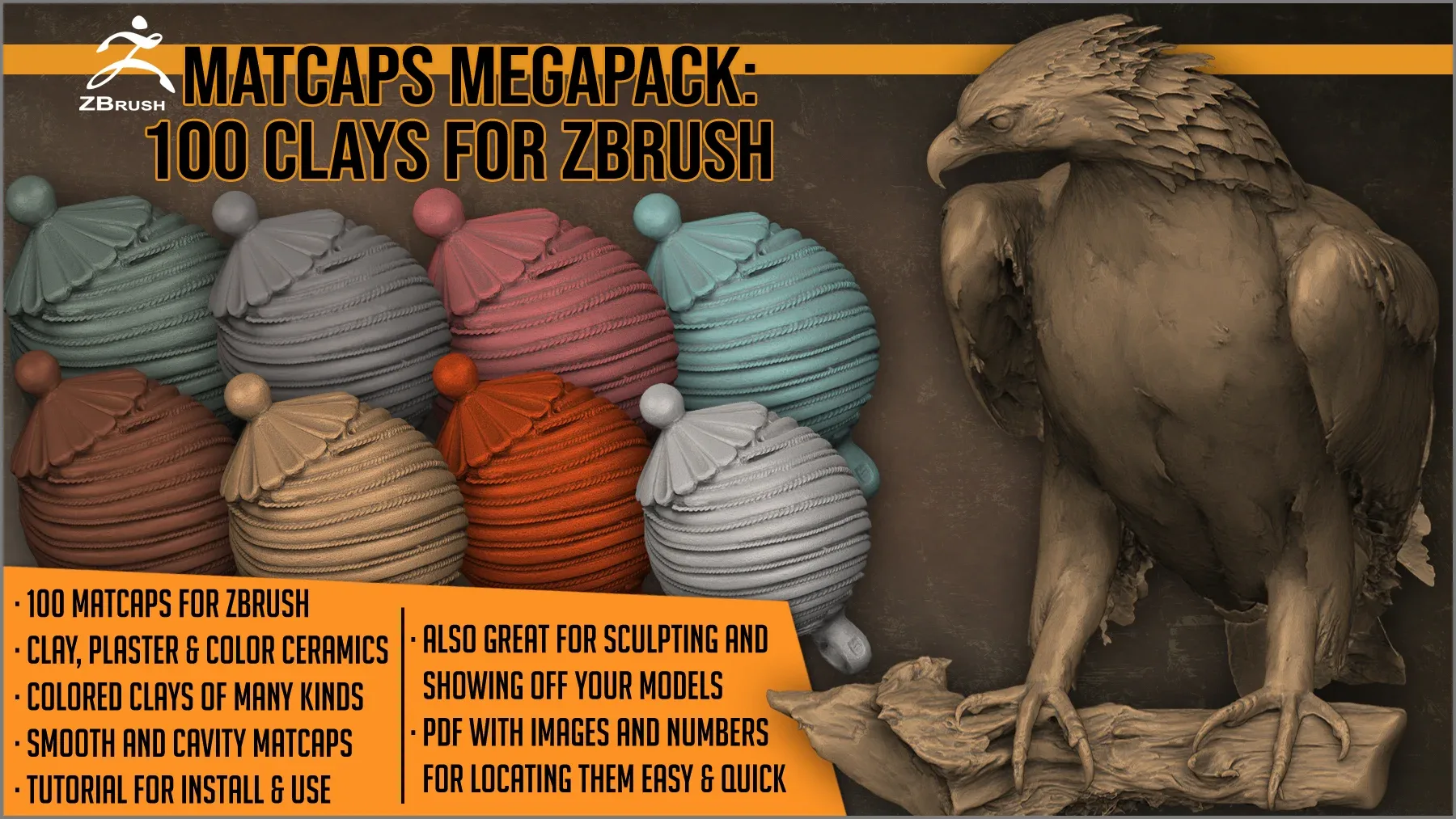 Matcaps Megapack: 100 Clays For ZBrush