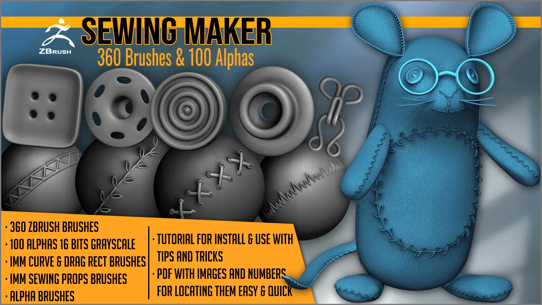 Sewing Maker: 360 ZBrush Brushes And 100 Alphas