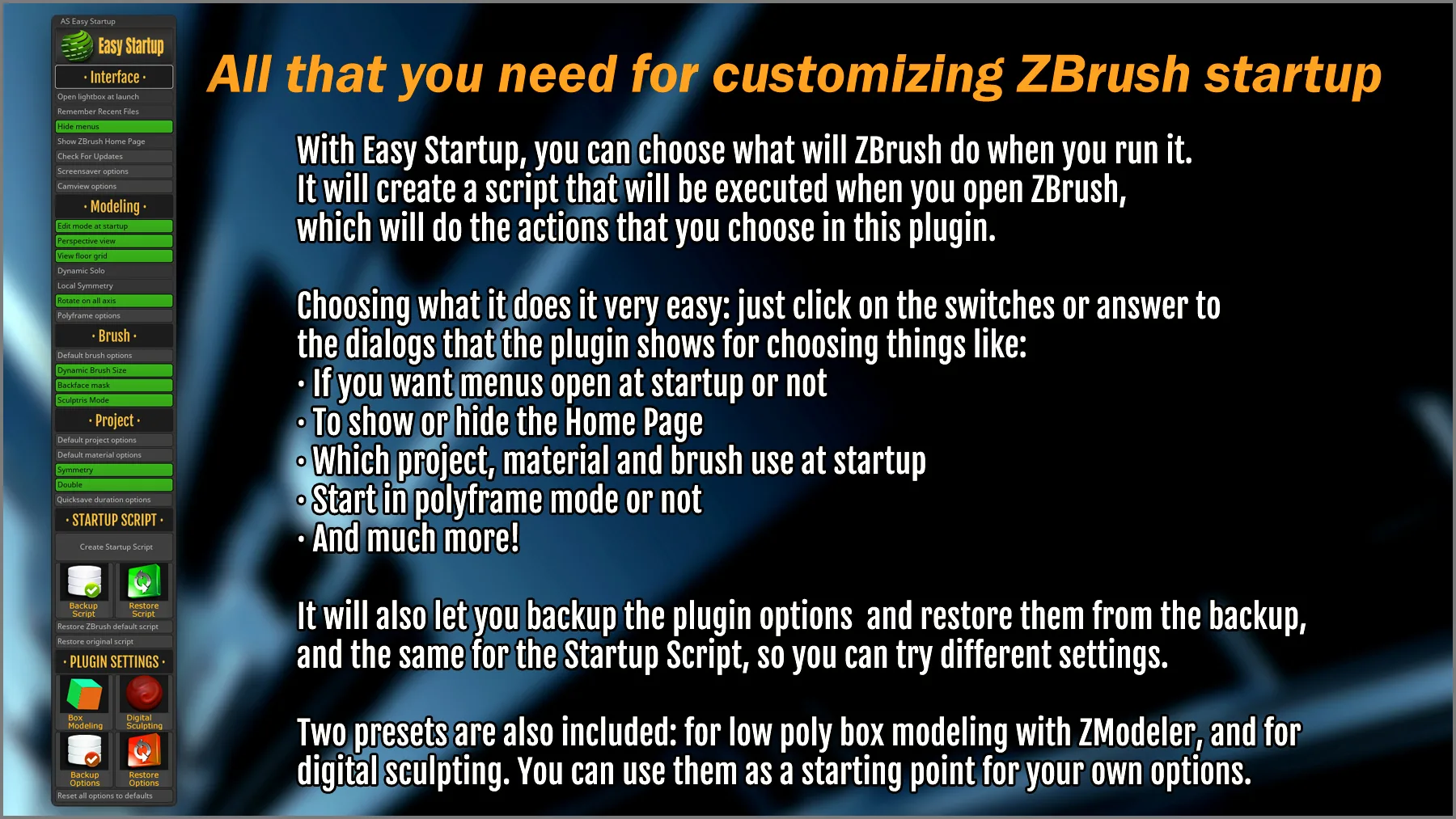 Easy Startup ZBrush Plugin