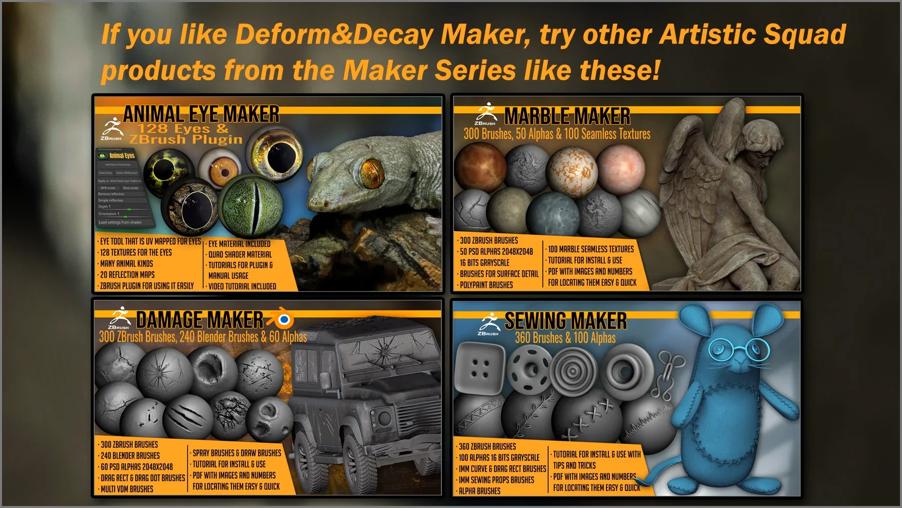 Deform And Decay Maker: 300 ZBrush Brushes And 60 Alphas