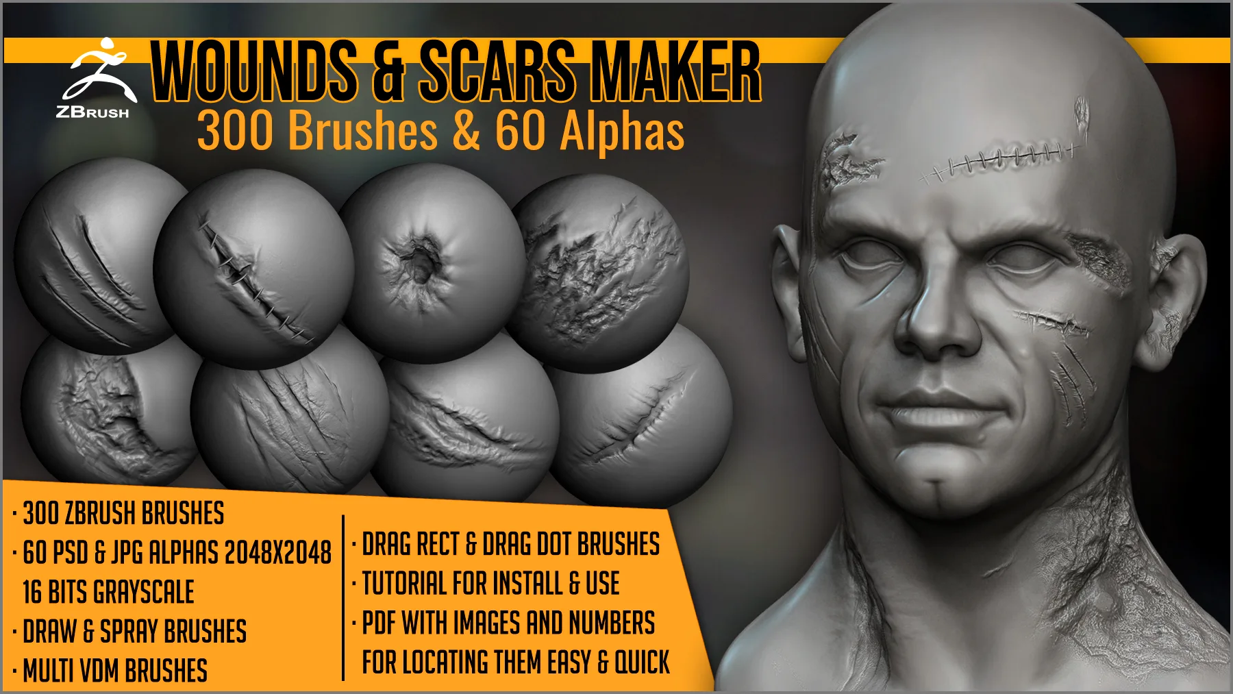 Wounds and Scars Maker: 300 ZBrush Brushes And 60 Alphas