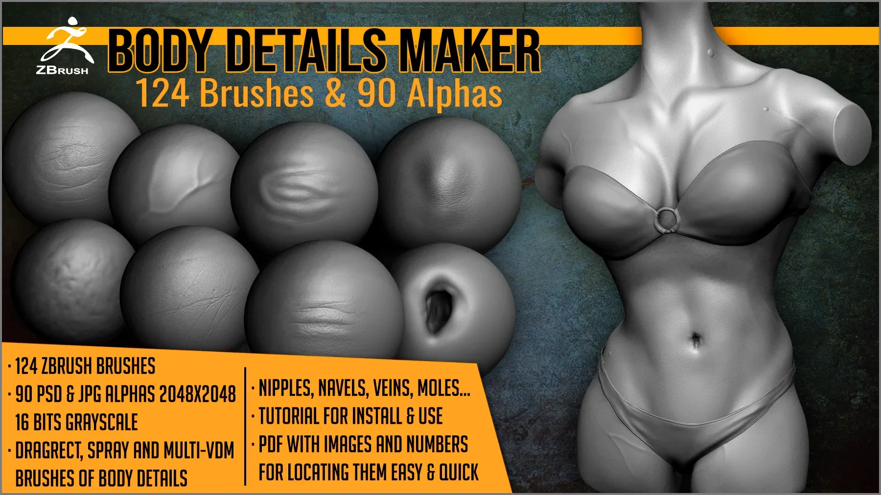 Body Details Maker 124 ZBrush Brushes And 90 Alphas