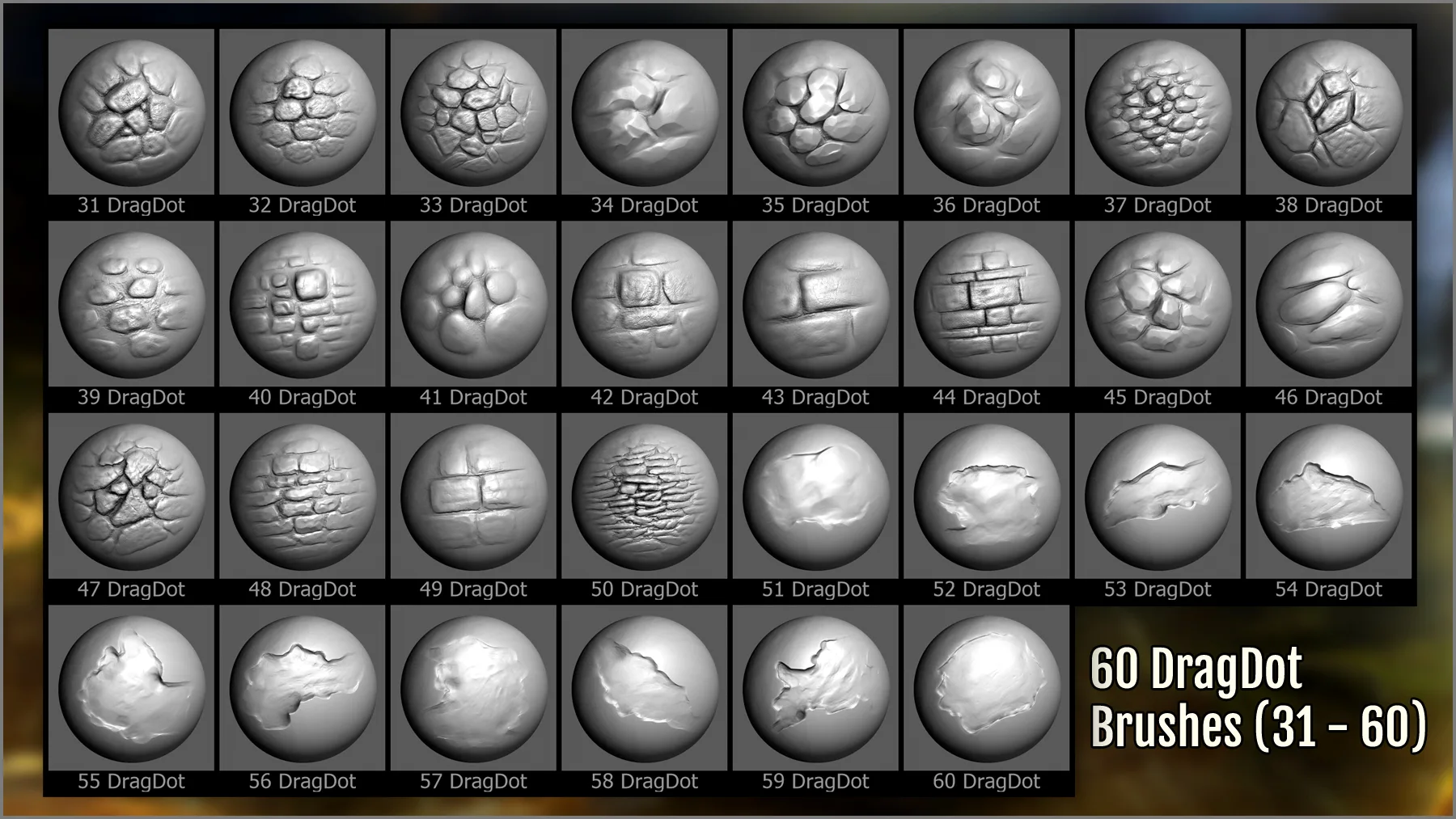 Wall Maker 120 ZBrush Brushes, 60 Alphas, and 55 Patterns