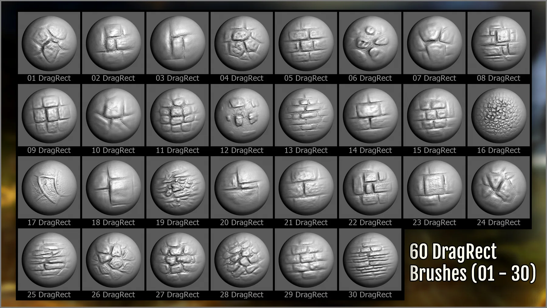 Wall Maker 120 ZBrush Brushes, 60 Alphas, and 55 Patterns