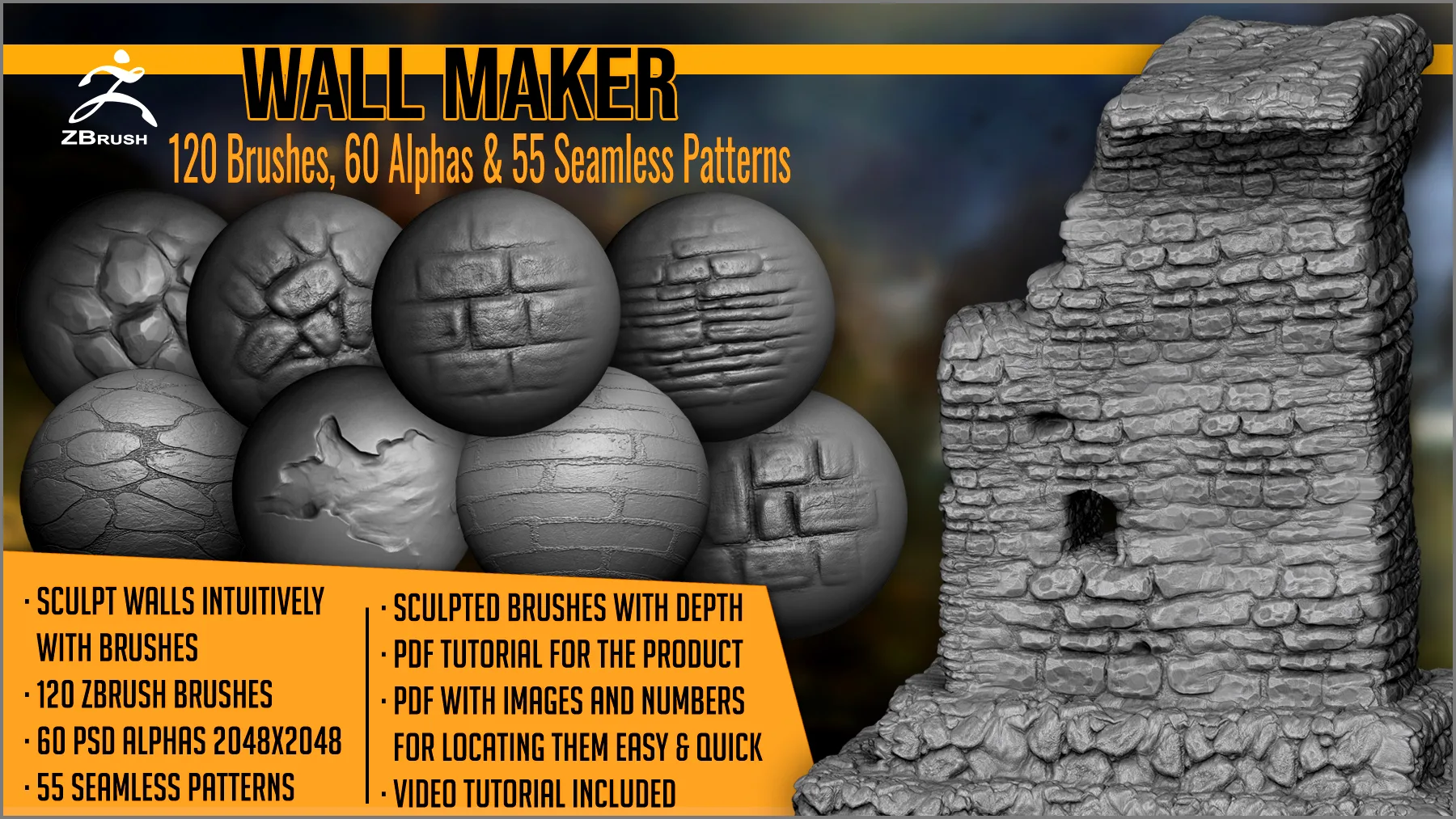 Wall Maker 120 ZBrush Brushes, 60 Alphas, and 55 Patterns