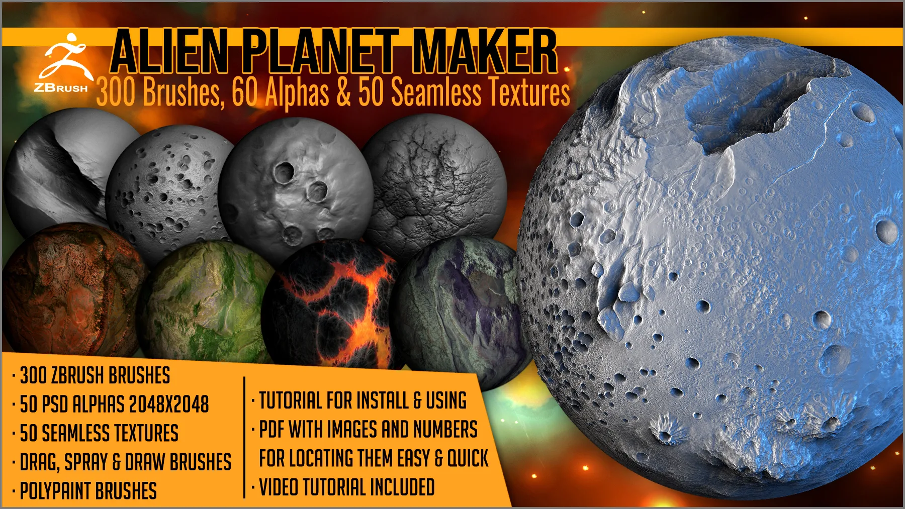 Alien Planet Maker 300 ZBrush Brushes 60 Alphas and 50 Seamless Textures