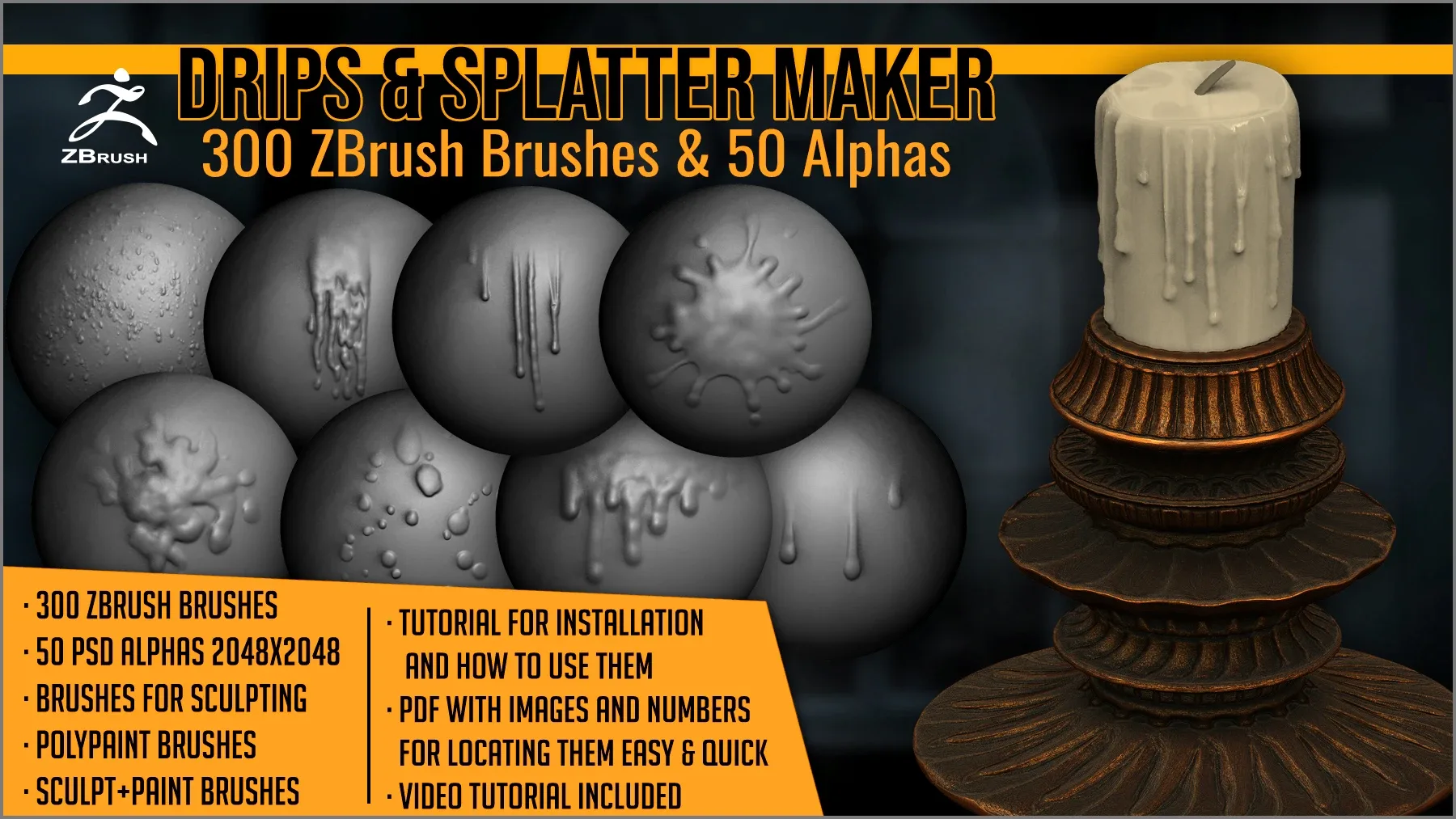 Drips And Splatter Maker 300 ZBrush Brushes and 50 Alphas