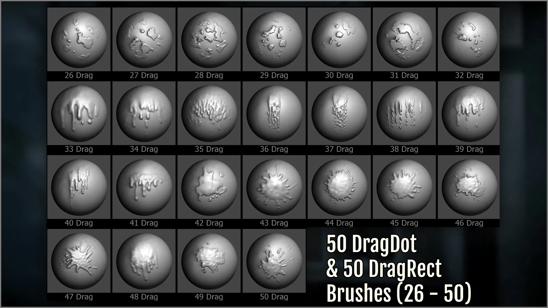 Drips And Splatter Maker 300 ZBrush Brushes and 50 Alphas