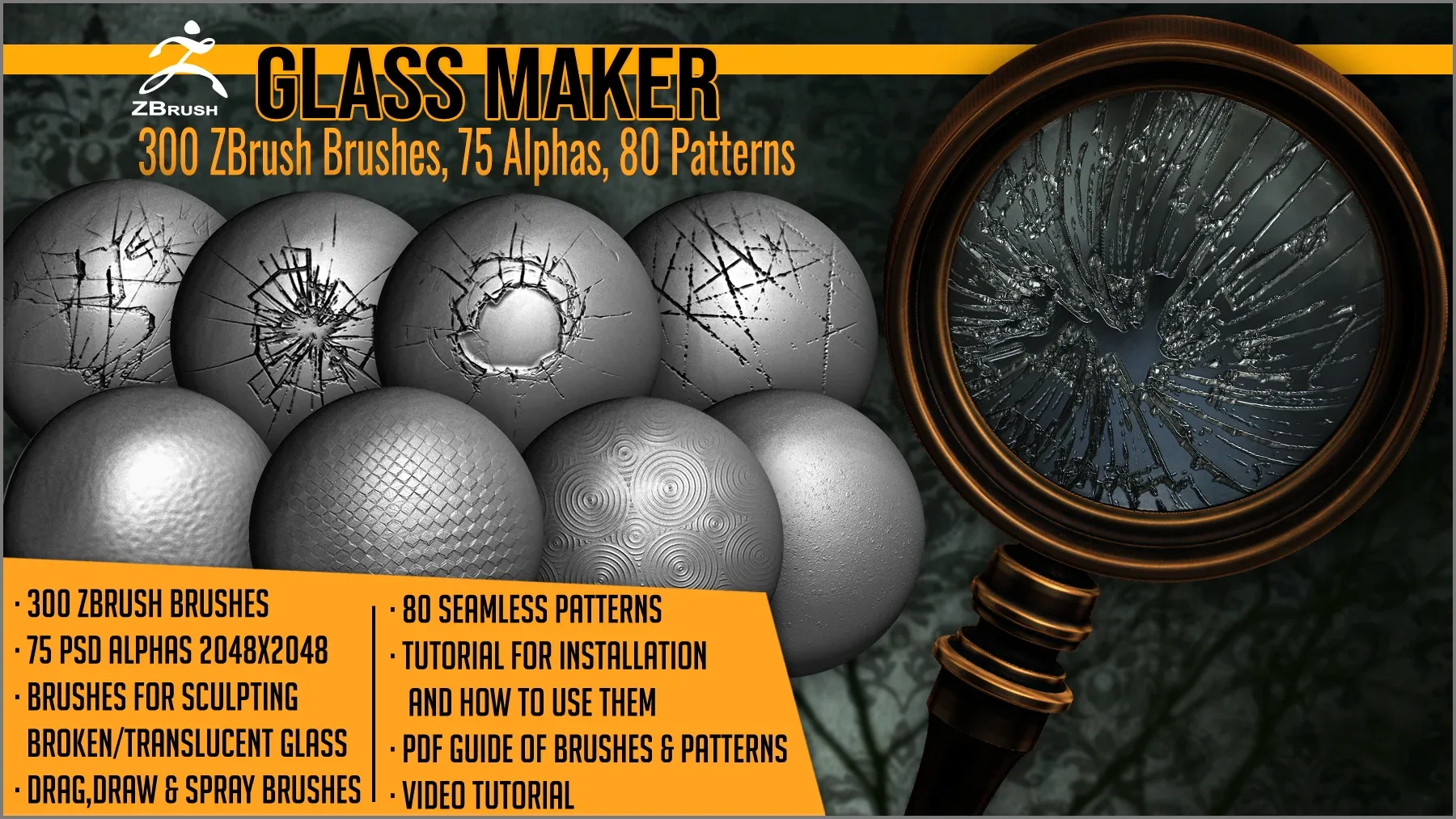 Glass Maker 300 ZBrush brushes, 75 Alphas and 80 Patterns