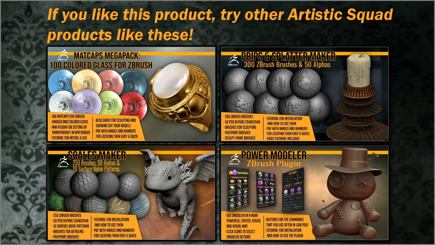 Glass Maker 300 ZBrush brushes, 75 Alphas and 80 Patterns