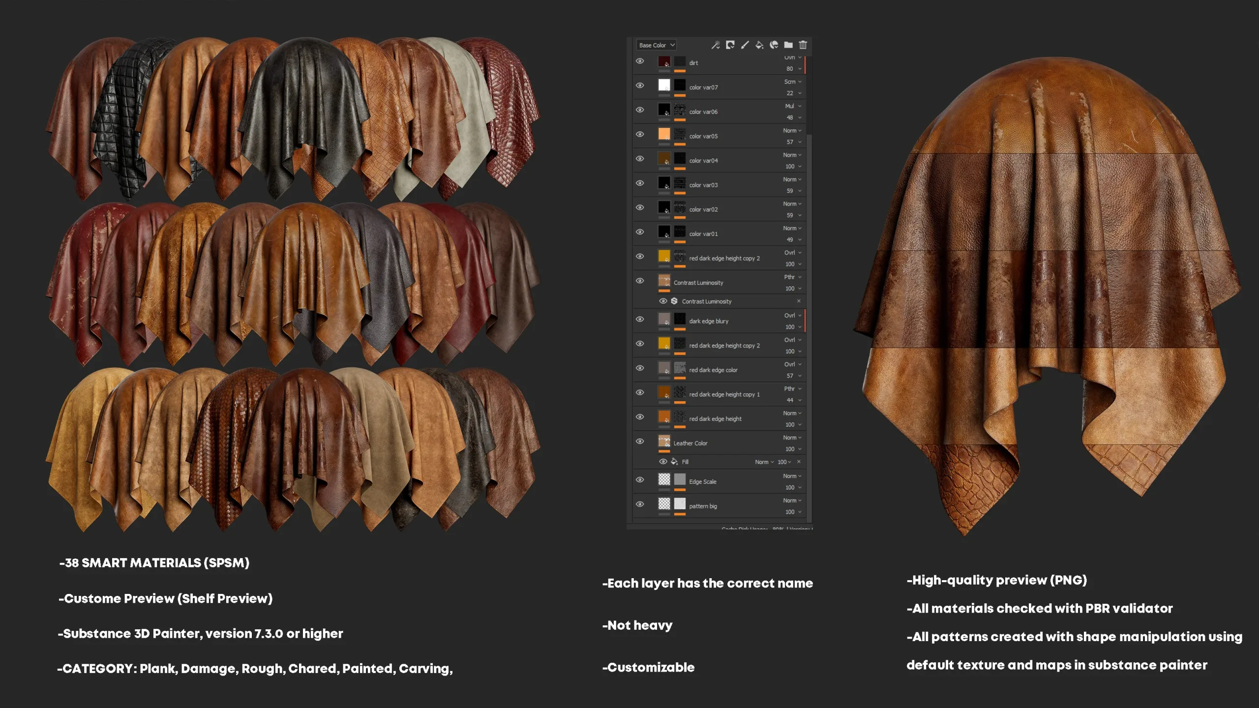 Realistic Leather Smart materials for substance 3d painter Vol 03