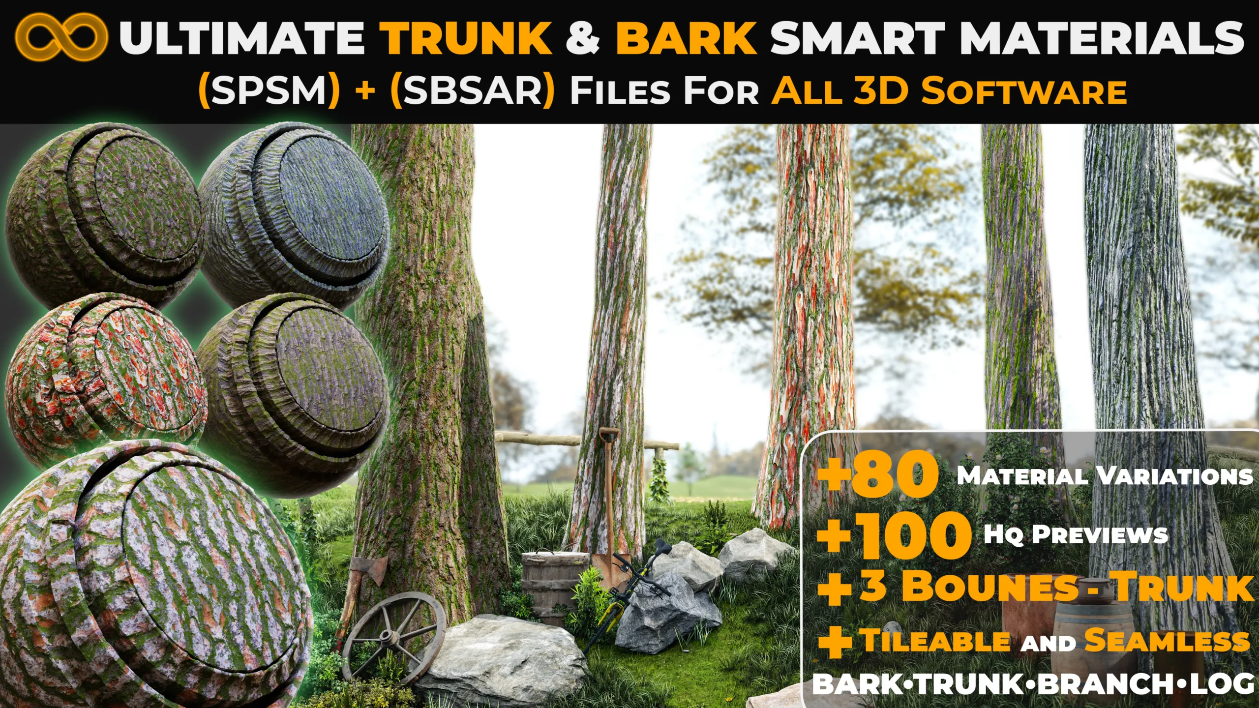 +80 Realistic Tree Trunk Textures - Smart Material + SBSAR