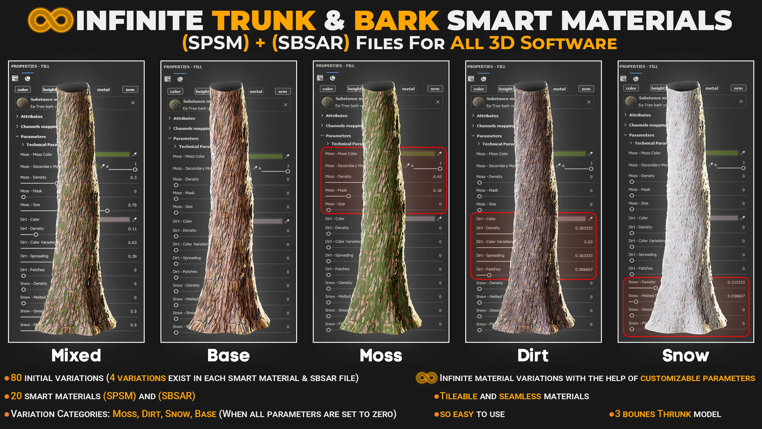 +80 Realistic Tree Trunk Textures - Smart Material + SBSAR