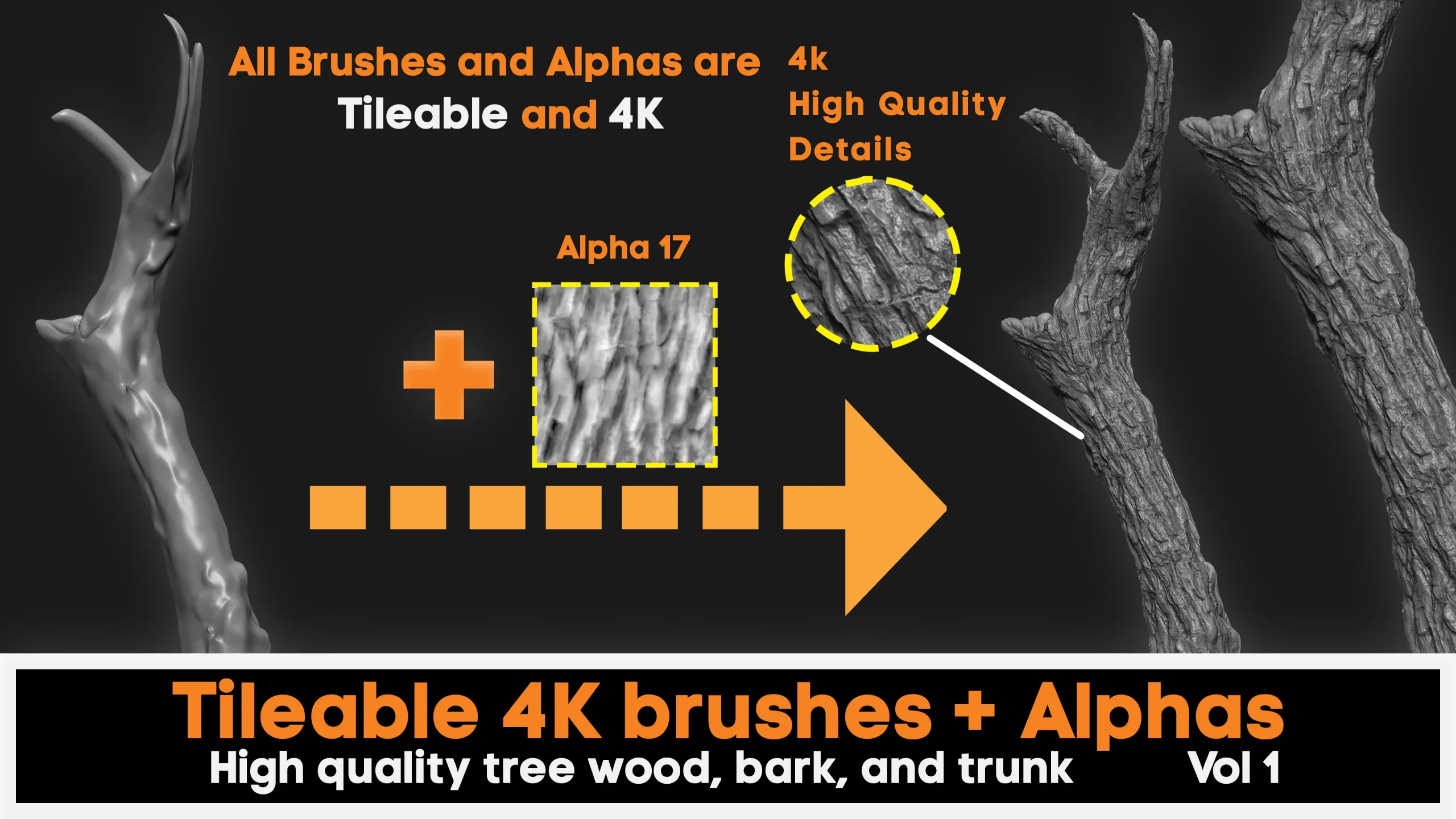 4K high quality tileable tree bark Zbrush brushes + 4k Alpha textures