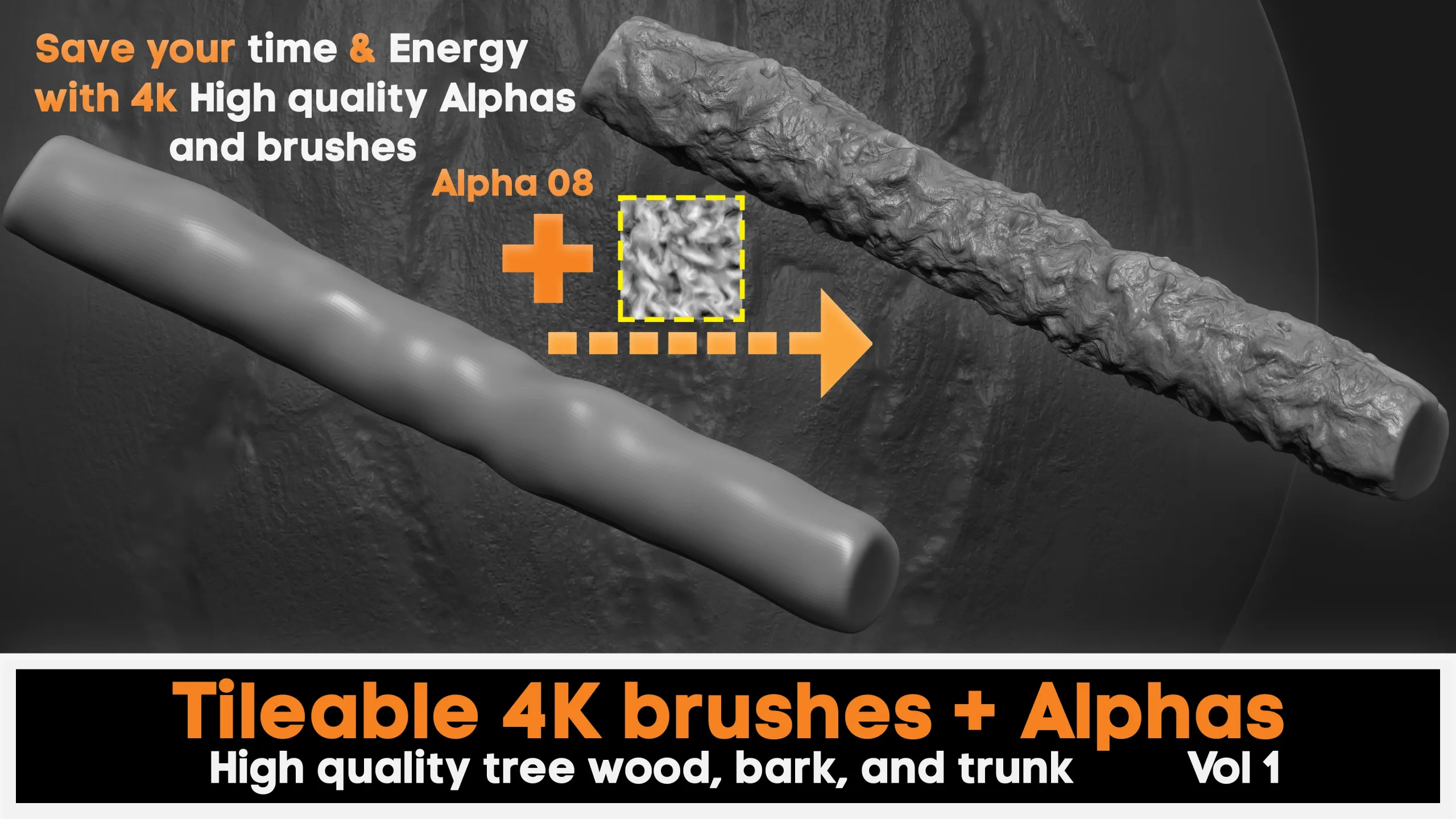 4K high quality tileable tree bark Zbrush brushes + 4k Alpha textures