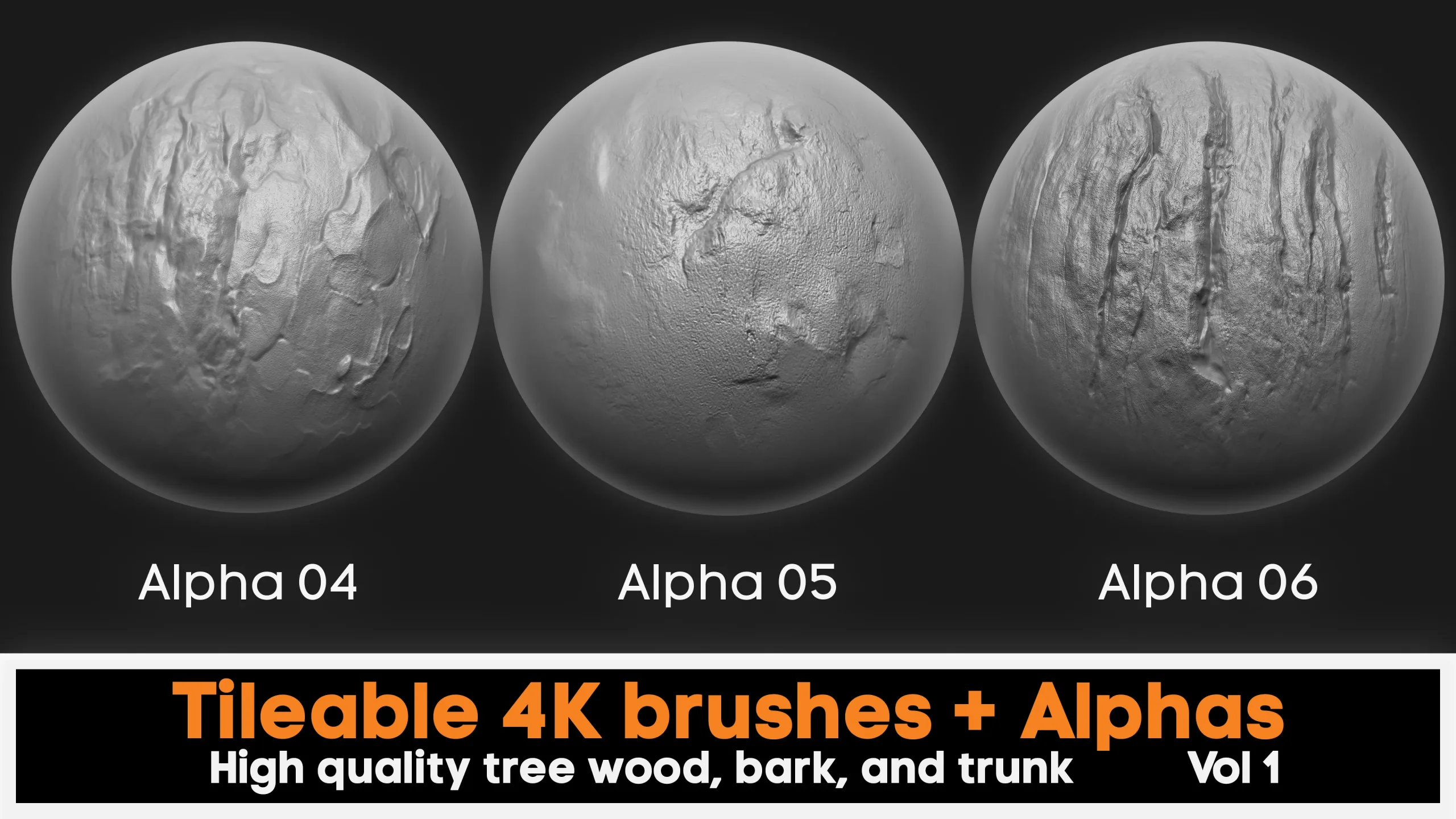 4K high quality tileable tree bark Zbrush brushes + 4k Alpha textures