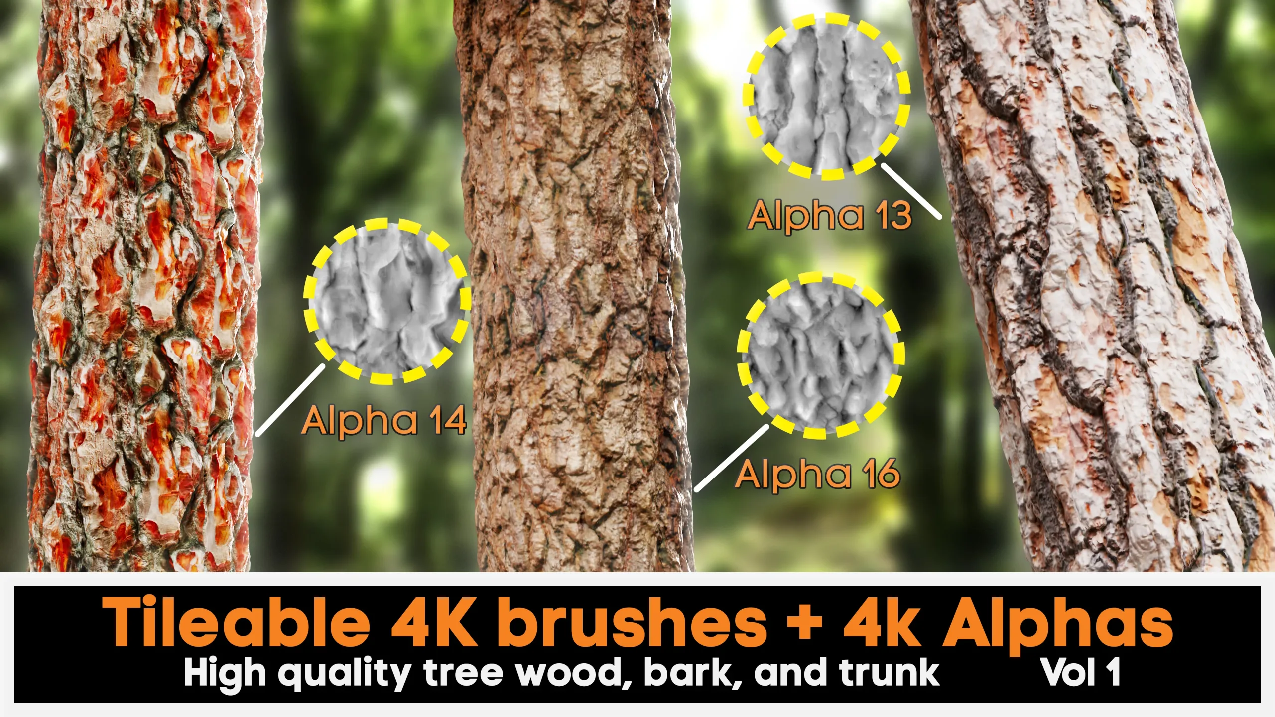 4K high quality tileable tree bark Zbrush brushes + 4k Alpha textures