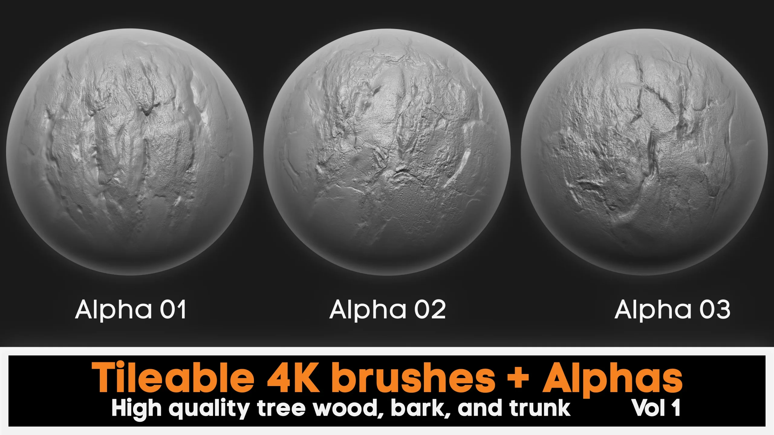 4K high quality tileable tree bark Zbrush brushes + 4k Alpha textures