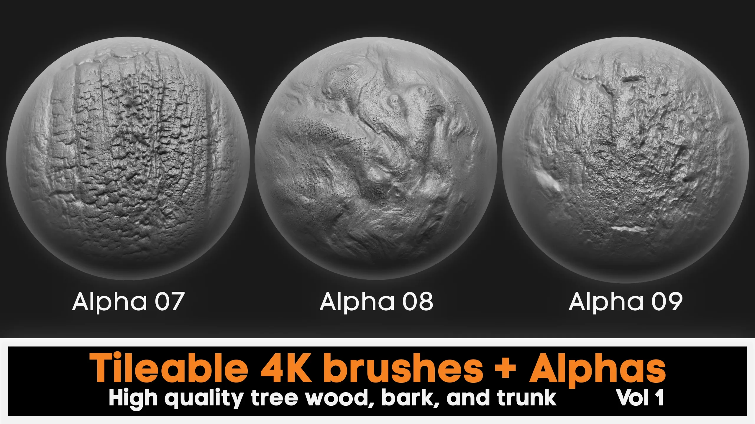 4K high quality tileable tree bark Zbrush brushes + 4k Alpha textures