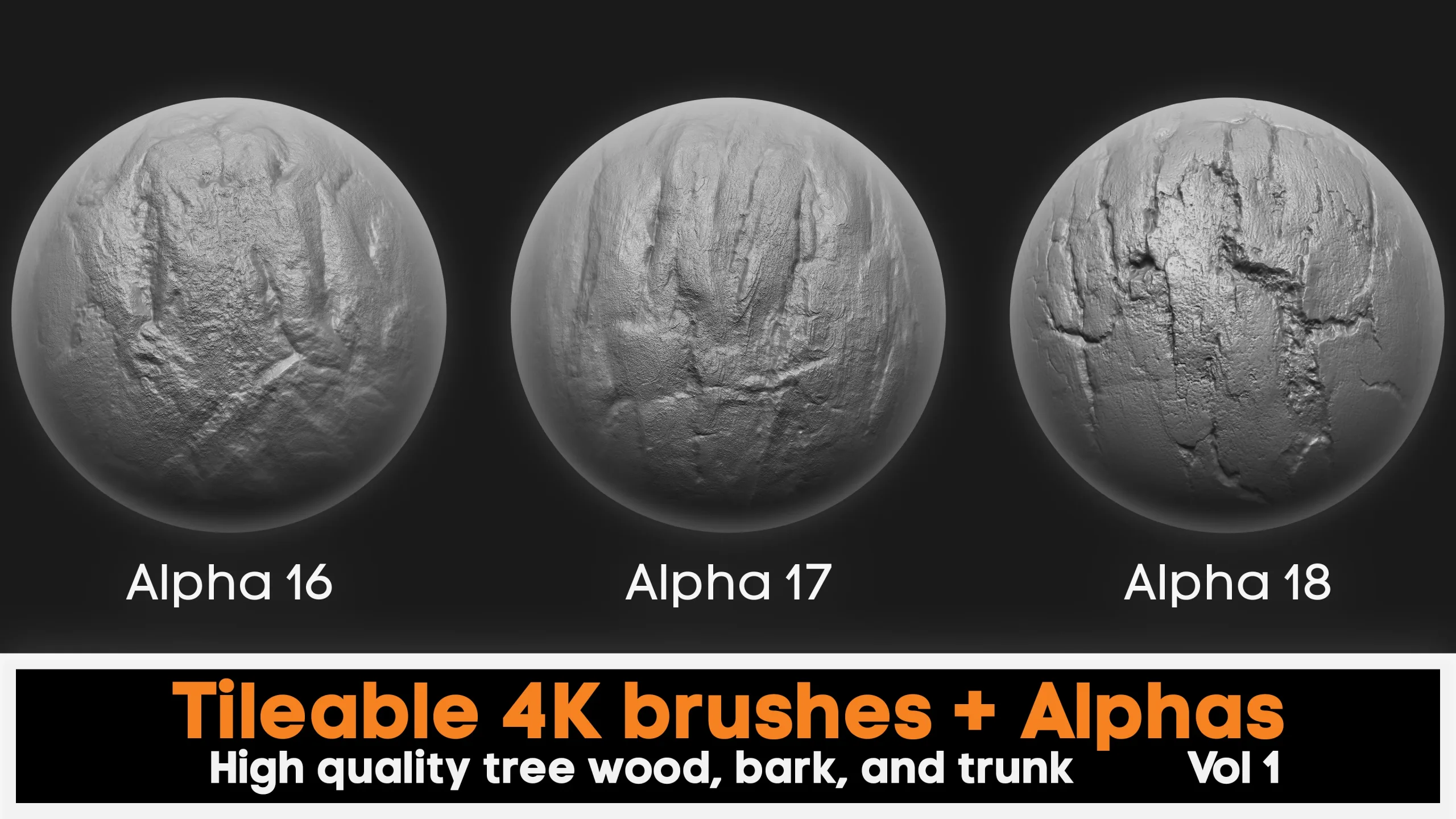 4K high quality tileable tree bark Zbrush brushes + 4k Alpha textures