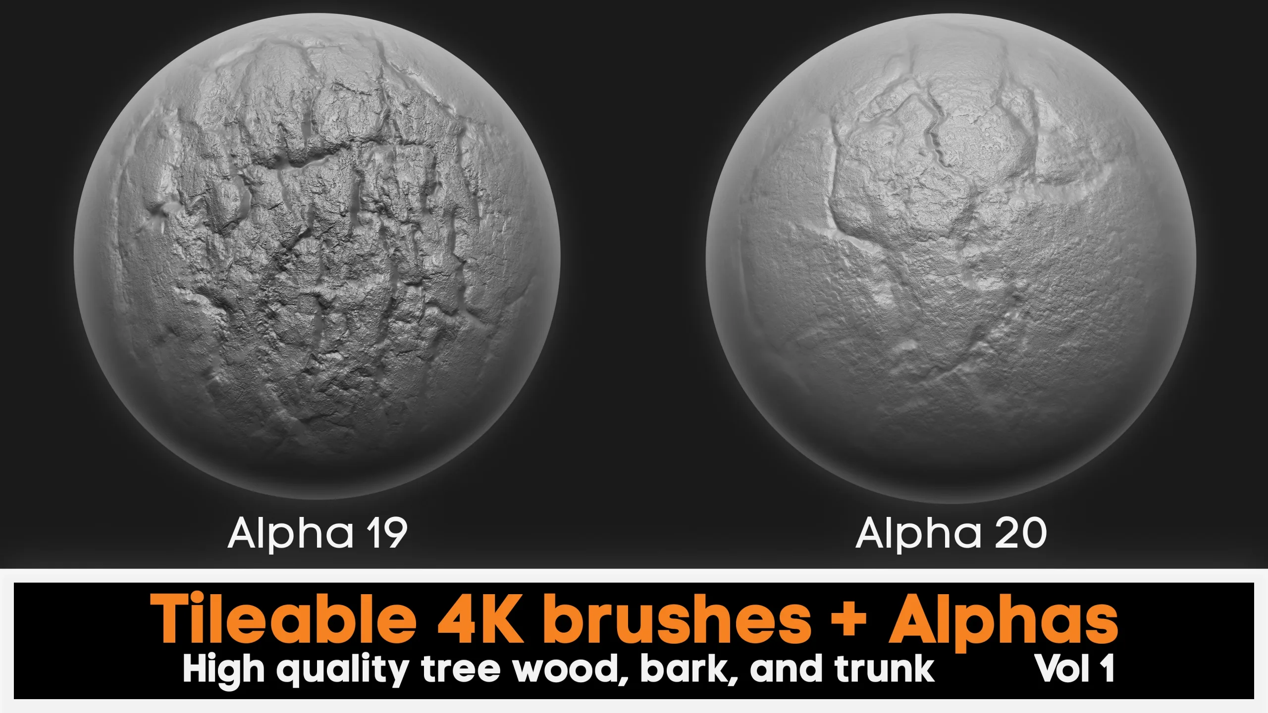 4K high quality tileable tree bark Zbrush brushes + 4k Alpha textures