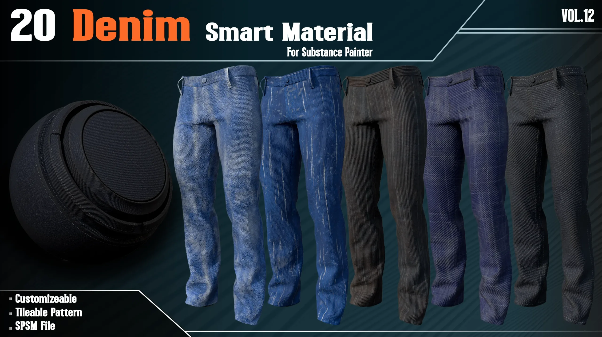 20 Denim Fabric Smart Material - VOL12 (spsm File + 2 FREE Sample)