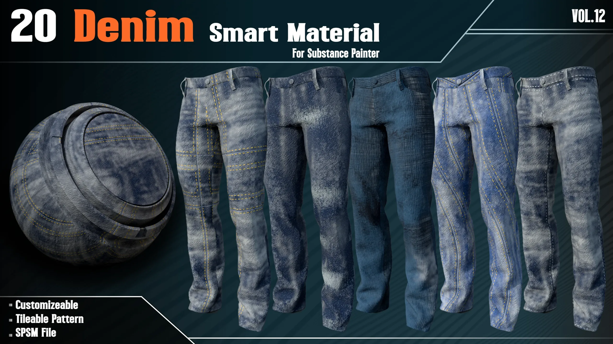 20 Denim Fabric Smart Material - VOL12 (spsm File + 2 FREE Sample)