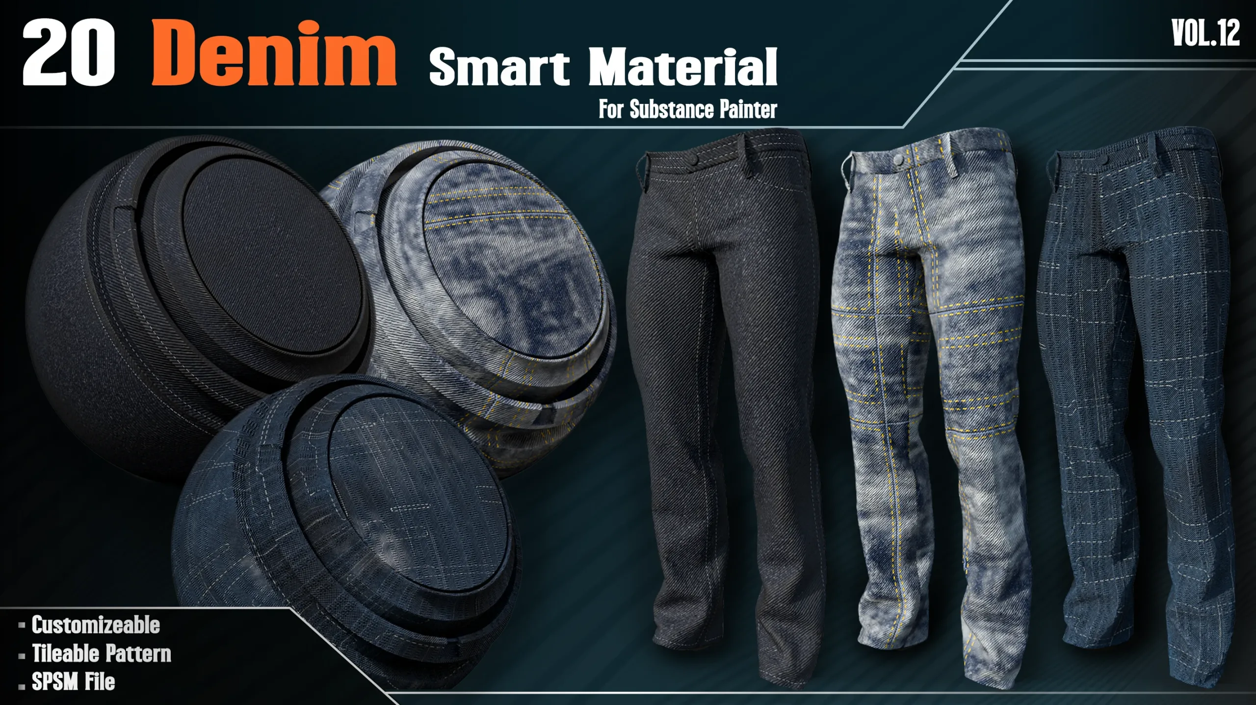20 Denim Fabric Smart Material - VOL12 (spsm File + 2 FREE Sample)