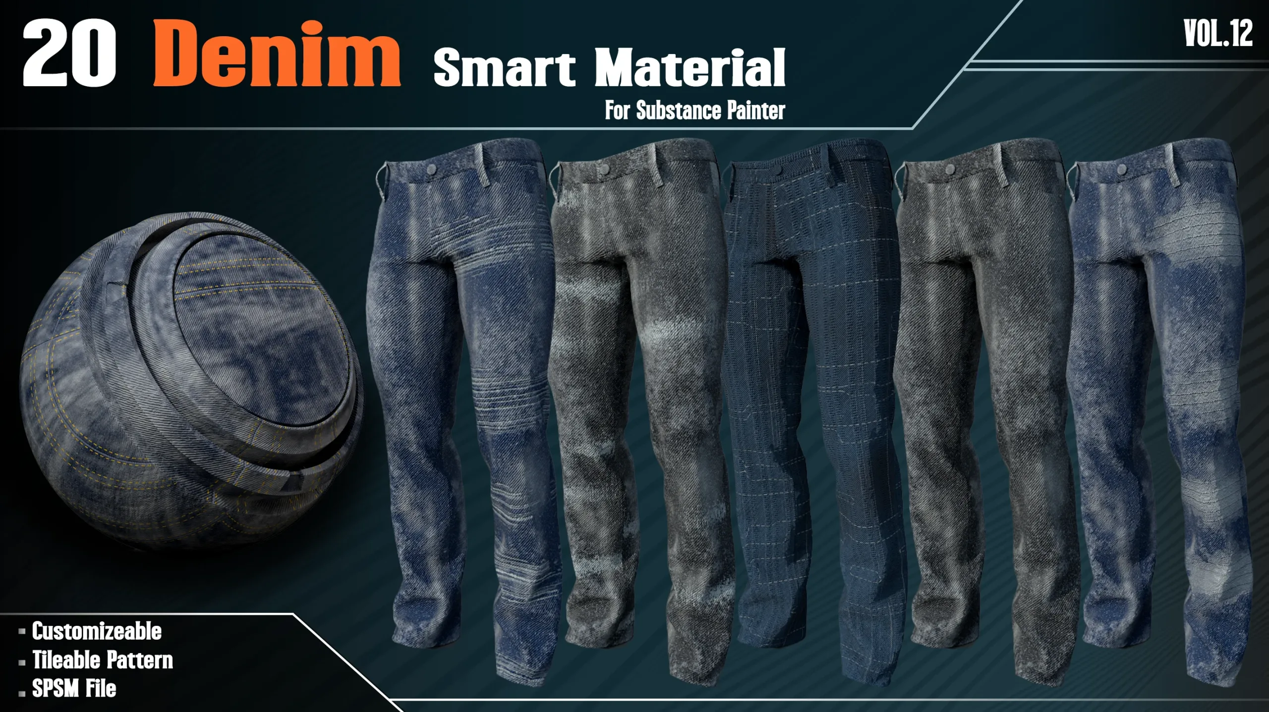 20 Denim Fabric Smart Material - VOL12 (spsm File + 2 FREE Sample)