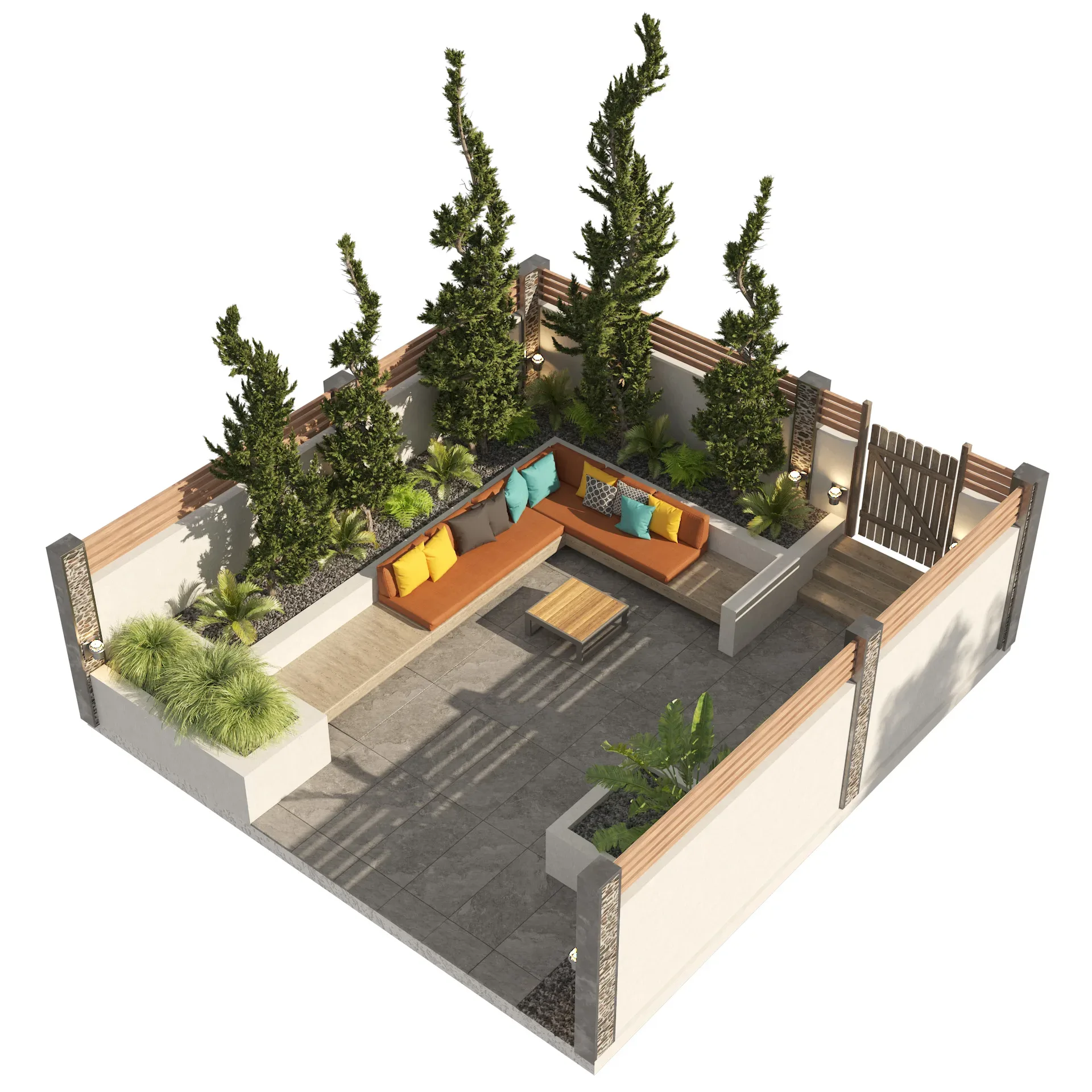 Garden bench with greenery