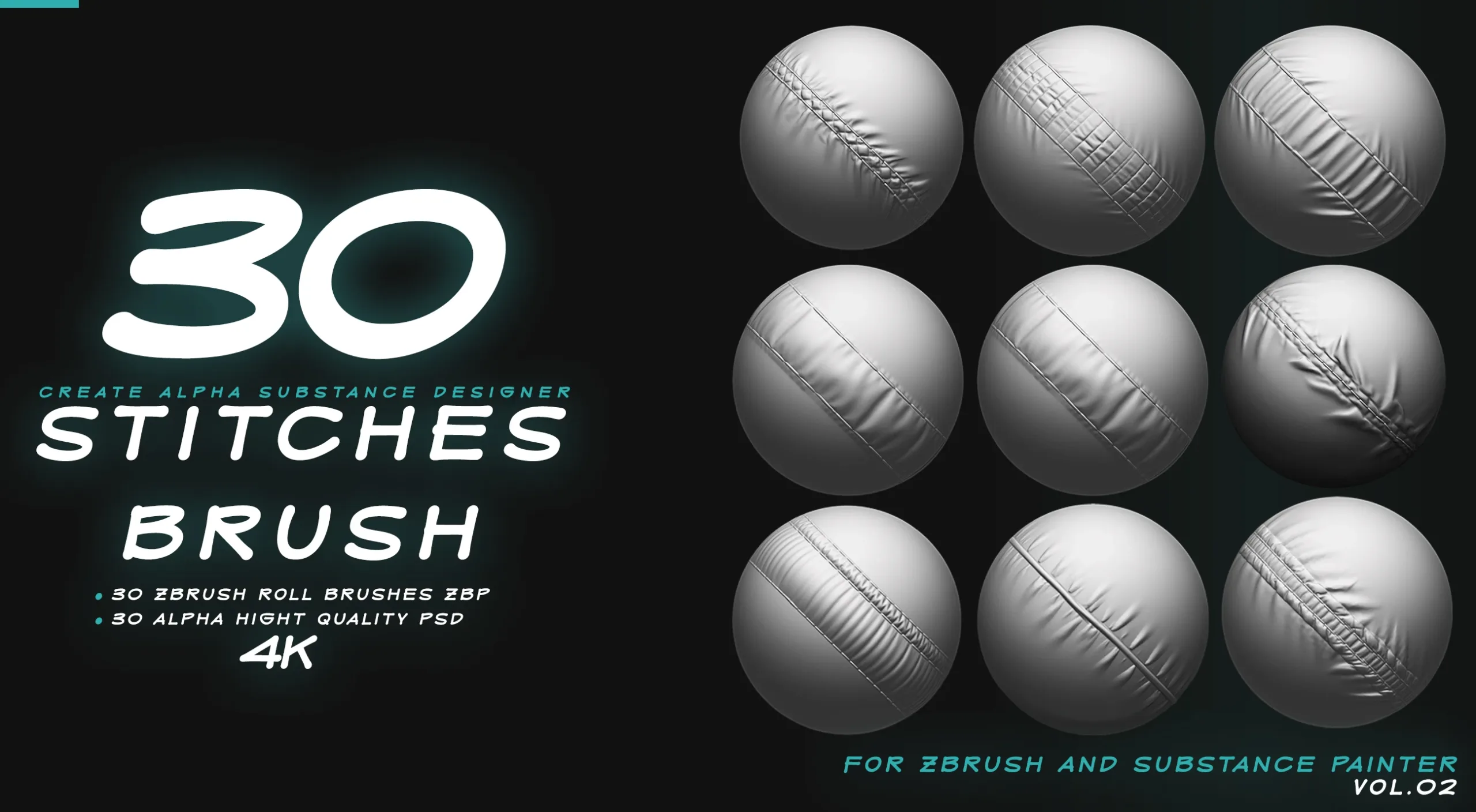 30 Seam & Zbrush Stitch Brushes & Alpha (Tileable) Vol.01