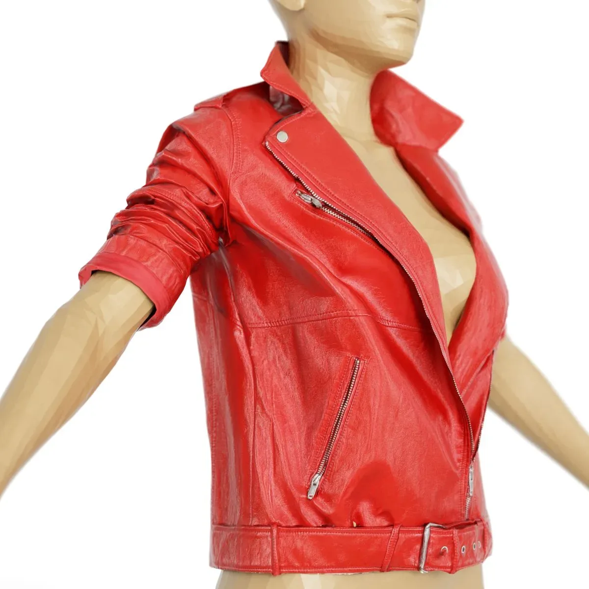 Jacket Bright Red Leather Open Women Fashion