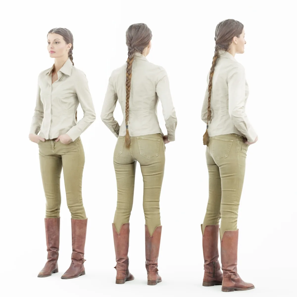 Braid Girl in Brown Leather Boots and White Shirt