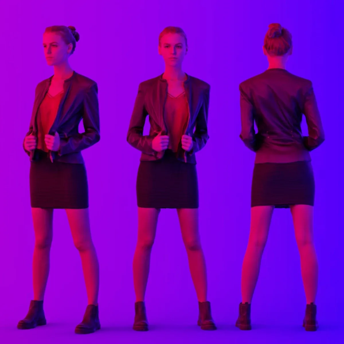 Tough Look girl in Leather Jacket and Red Top